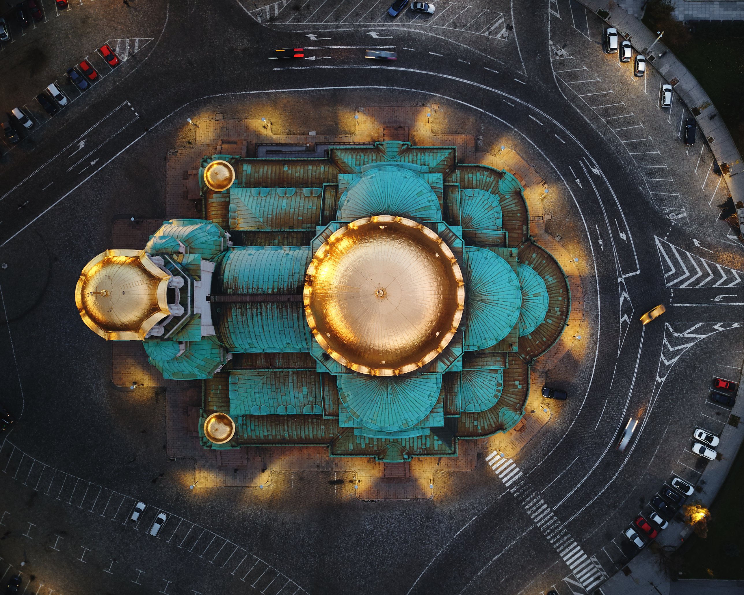 The domes of the Alexander Nevsky Cathedral in Sofia, seen from directly above at dusk