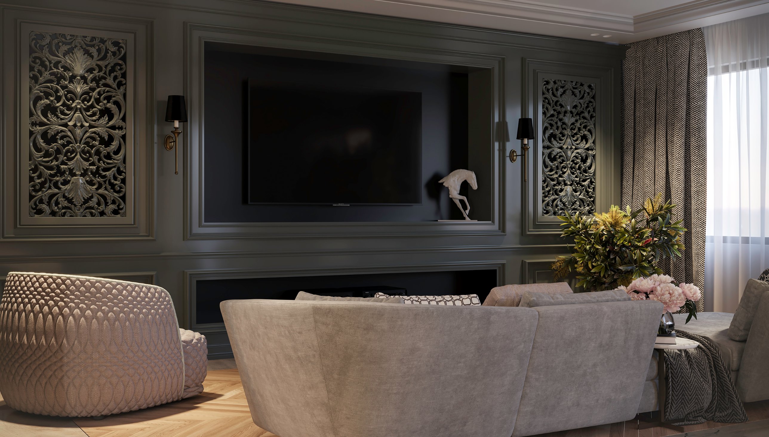 Deep green panelled wall with carved ornamental panels, brass sconces and a framed media niche