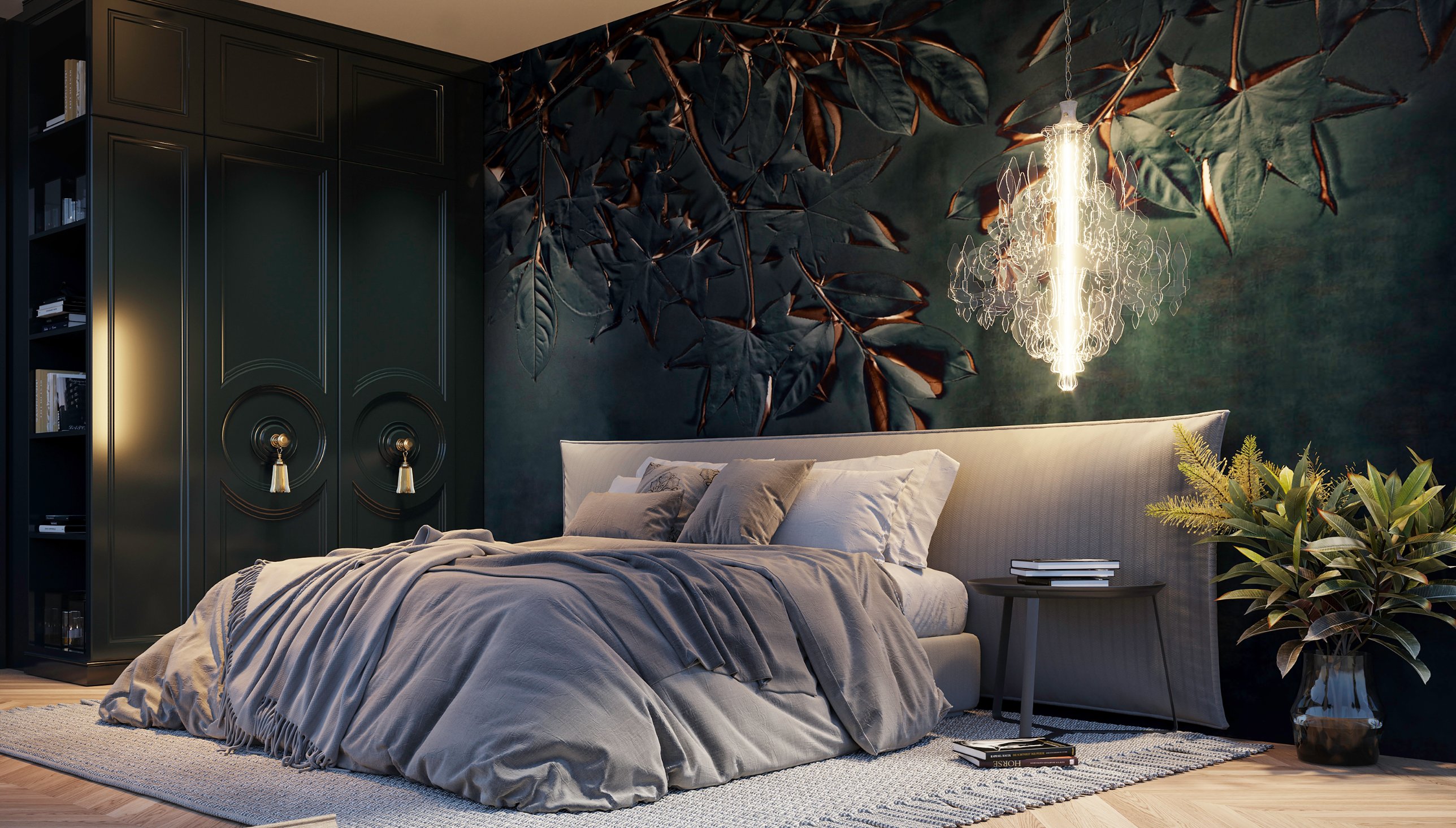 Bedroom with a deep green leaf-relief wall, a glowing pendant and black panelled wardrobes