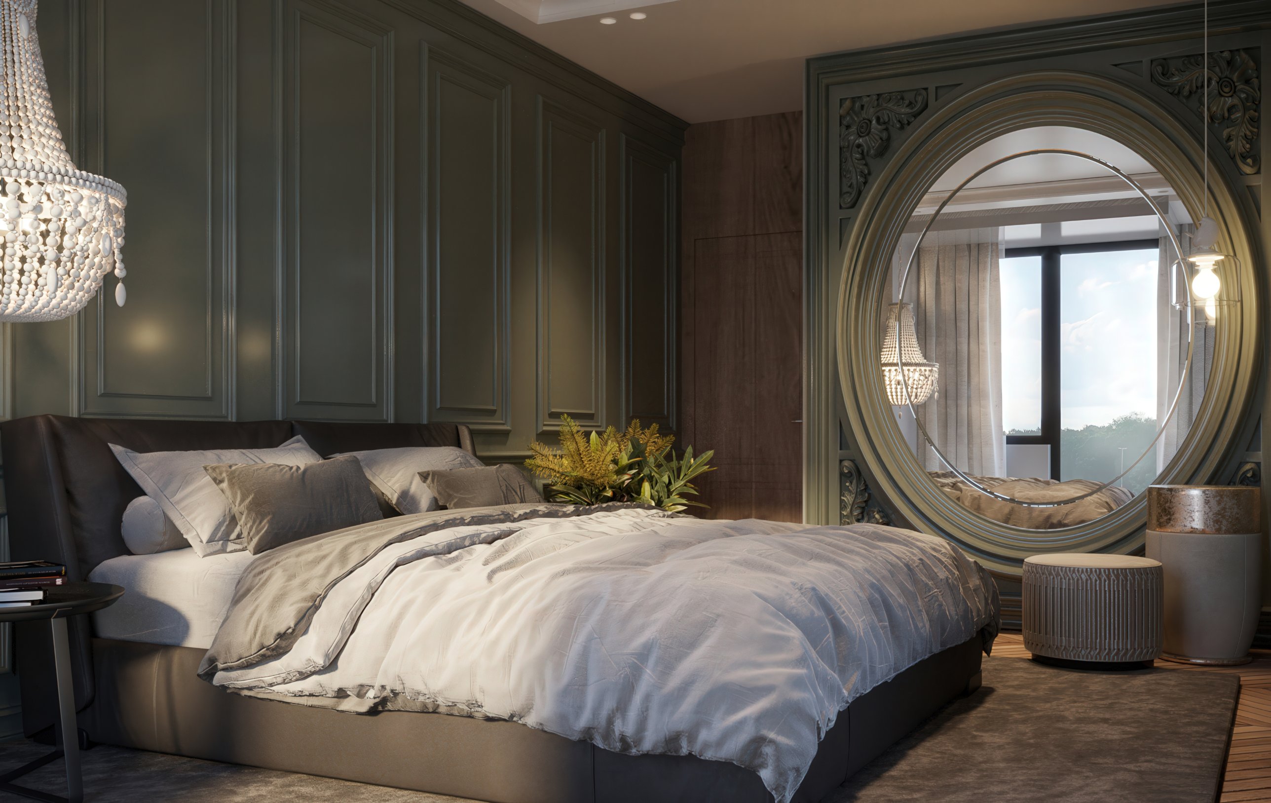 Green panelled bedroom with a vast oval mirror set in a carved frame