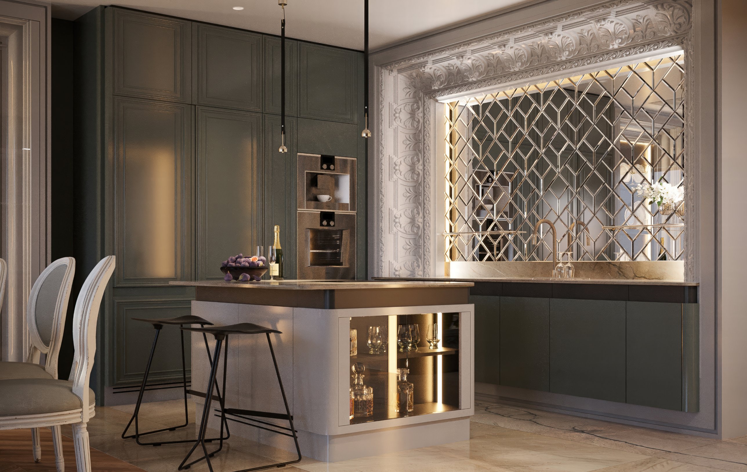 The kitchen island and quartzite worktop before the mirrored splashback in its carved white frame