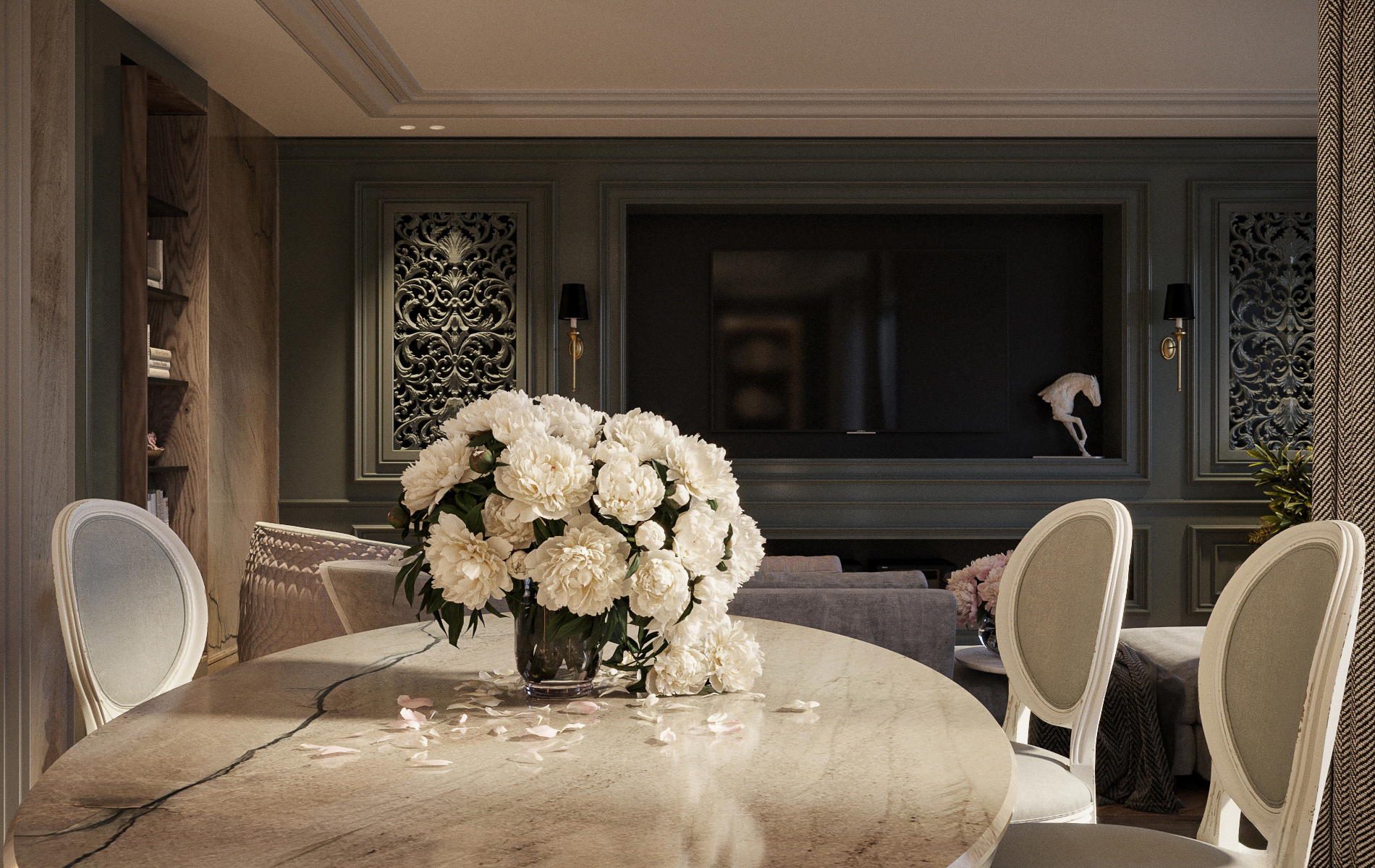 White peonies on the veined quartzite table, with the green media wall beyond