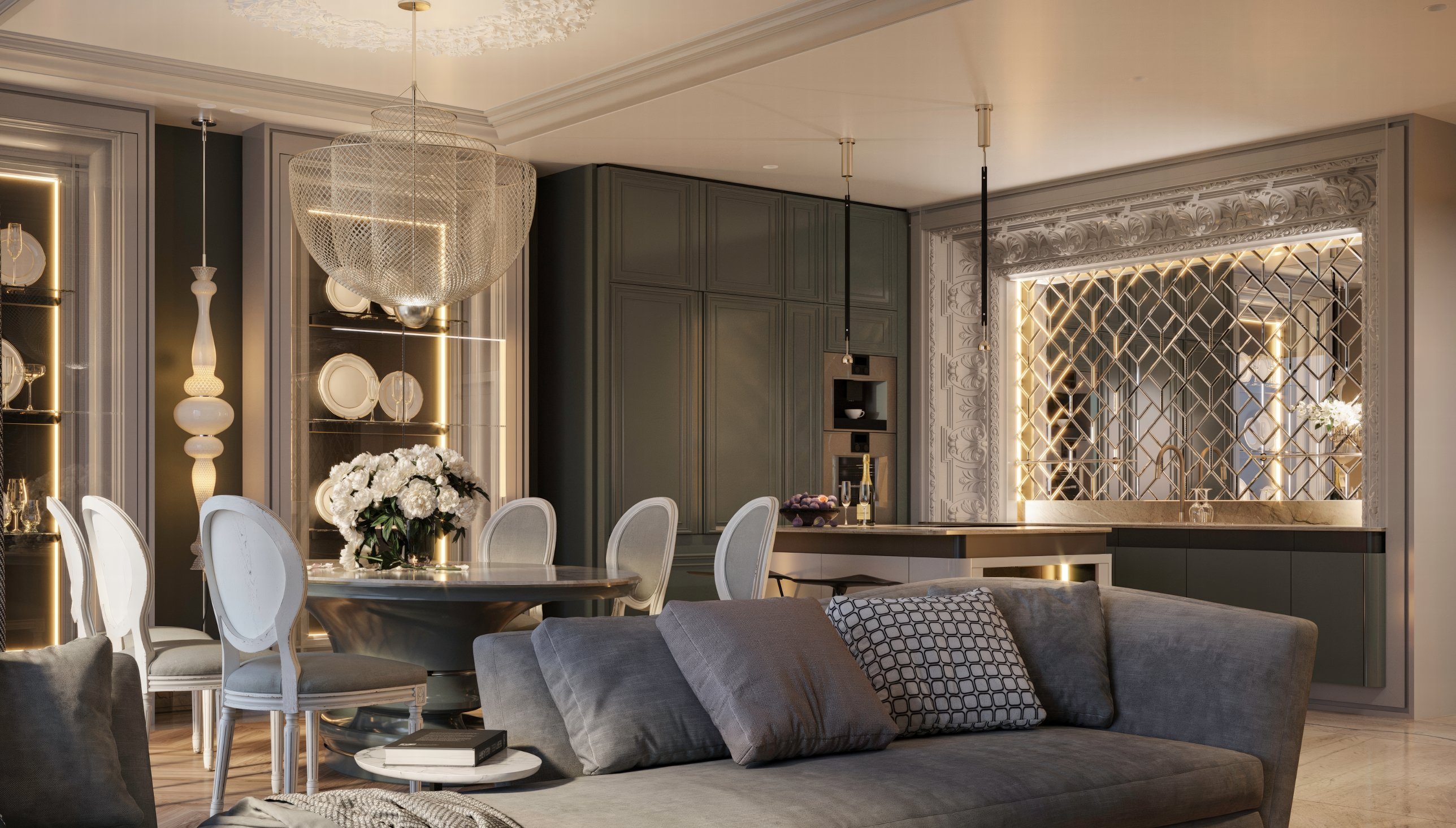 The dining area opening onto the kitchen, with illuminated display cabinets and the ornamental mirrored wall