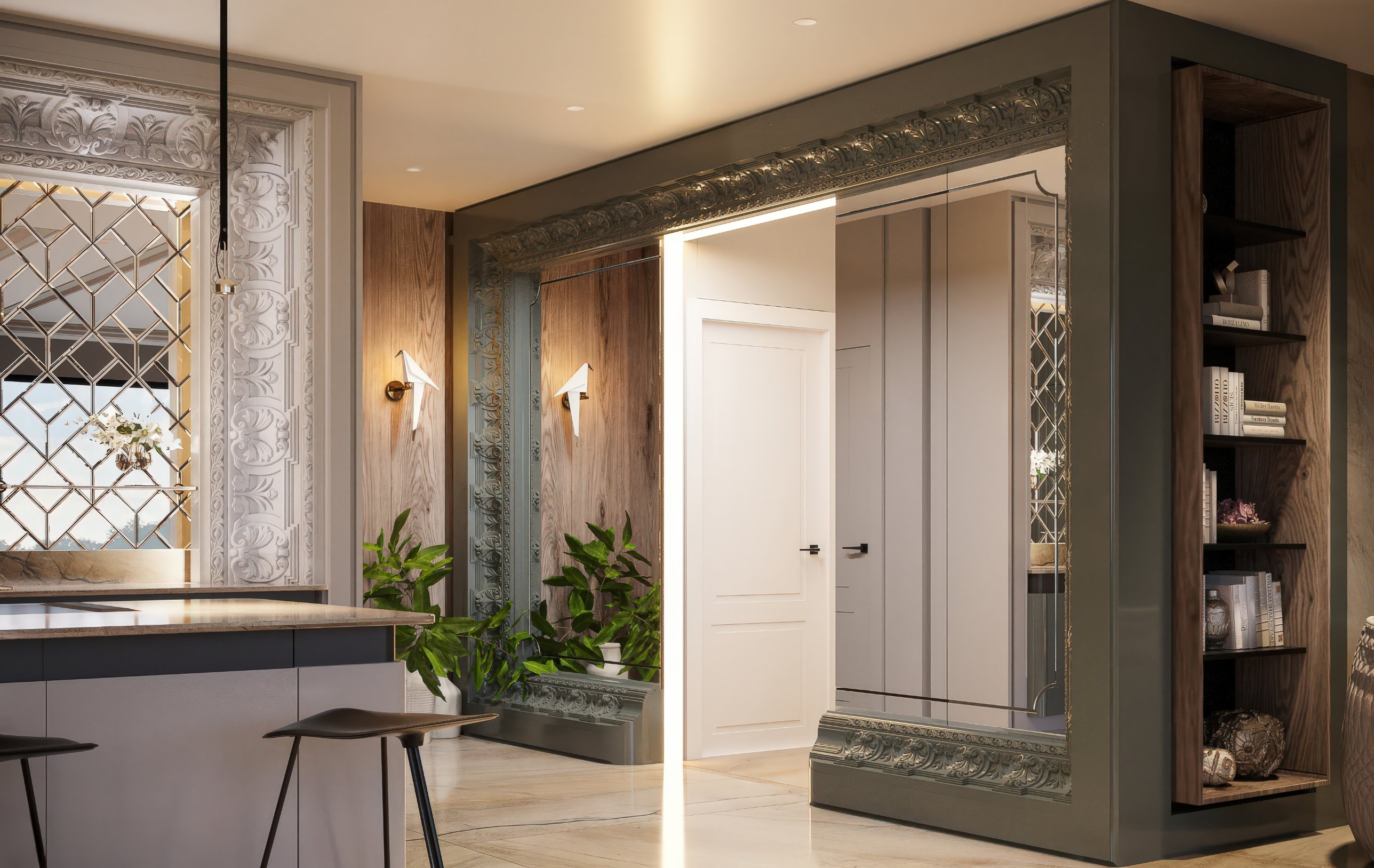 A passage framed by a deep carved surround and mirrored panels, beside walnut shelving