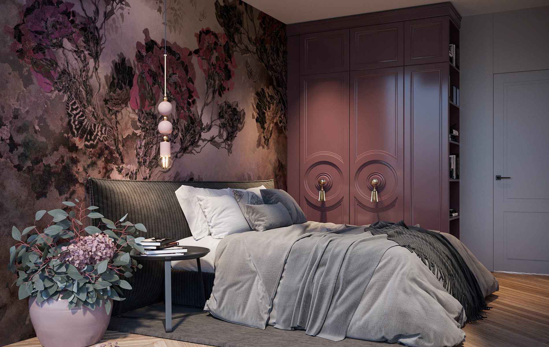 Bedroom with a plum floral mural and panelled wardrobe doors with tassel handles