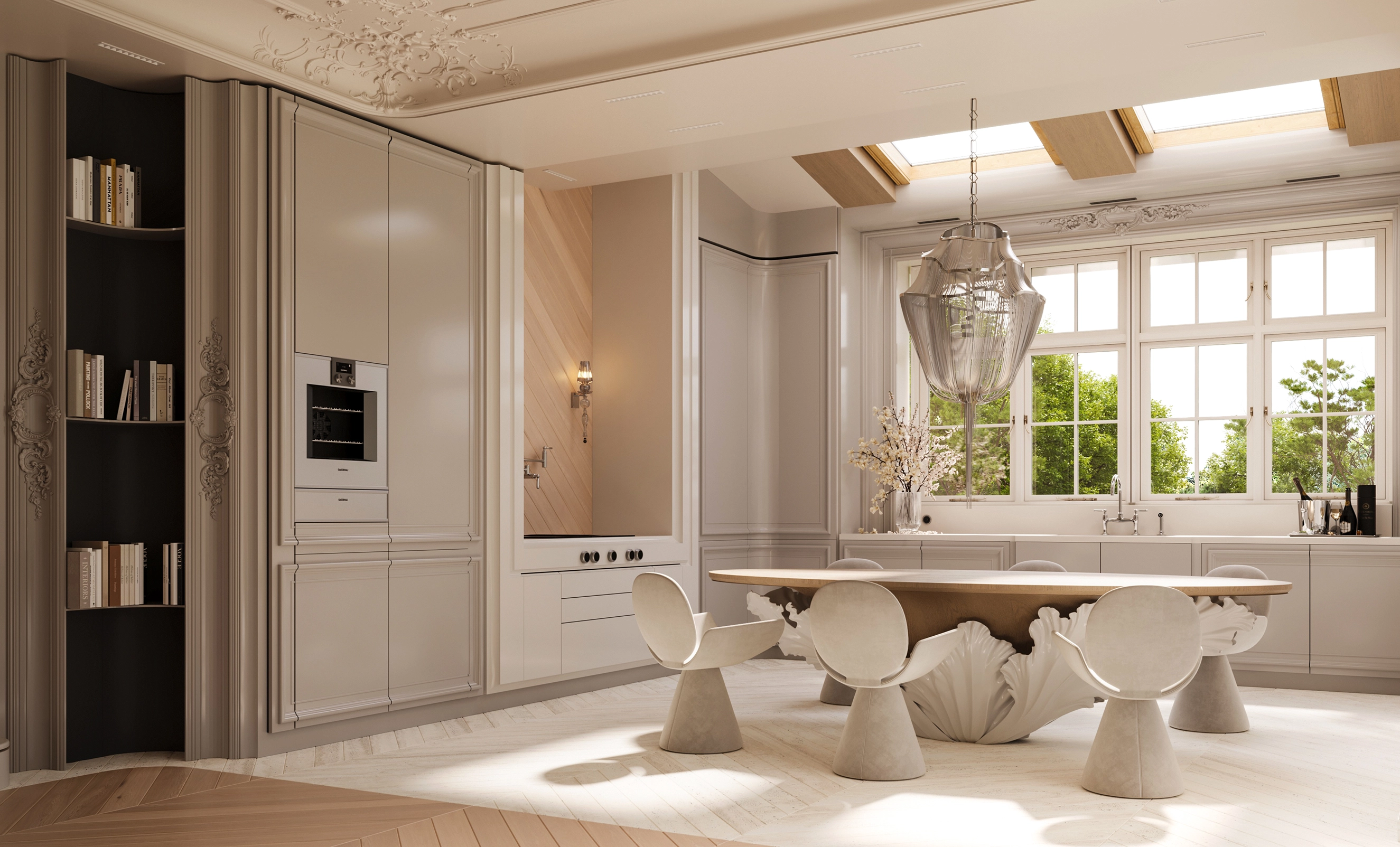 Kitchen with classical mouldings and sculpted dining table