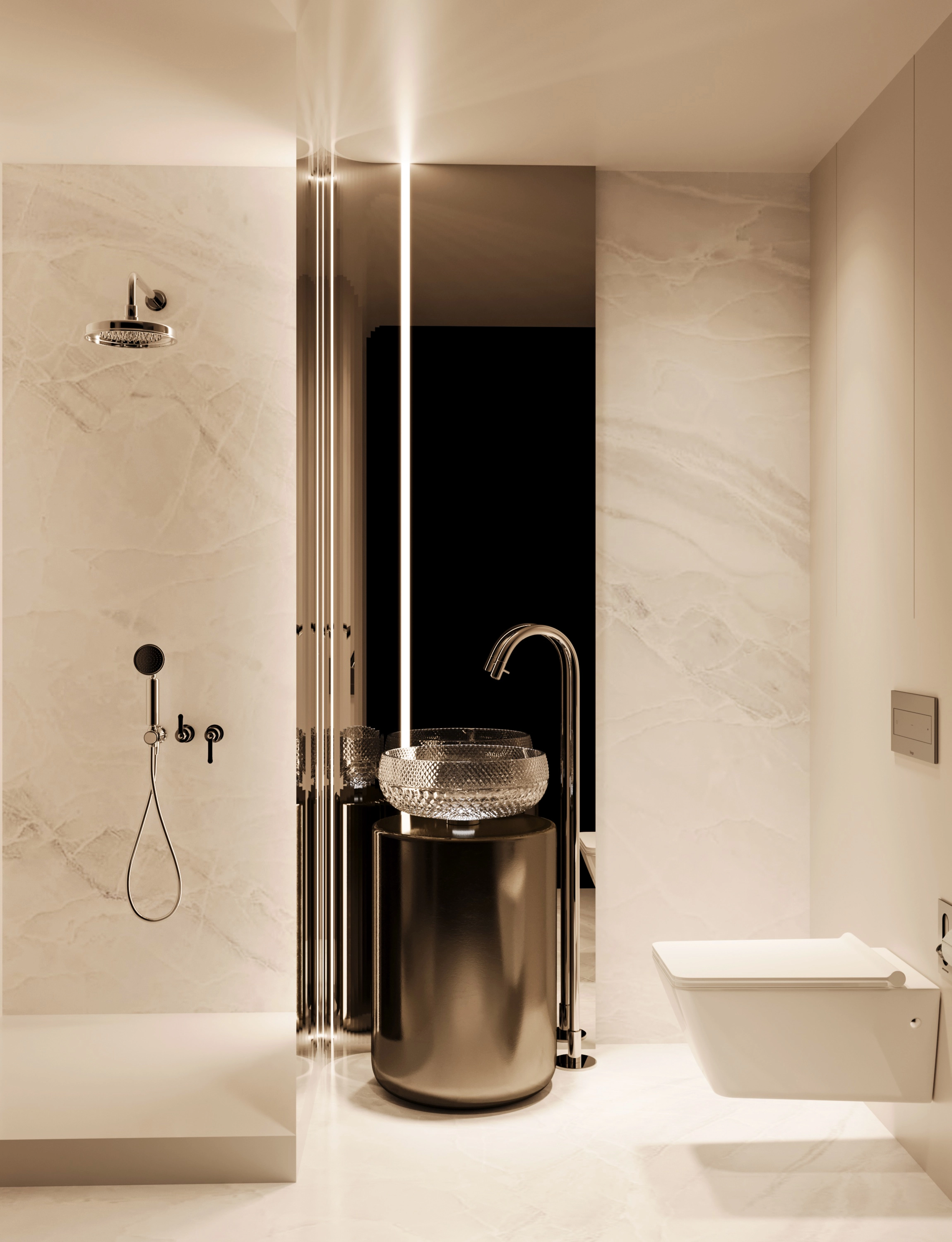Bathroom with ribbed glass and Calacatta marble
