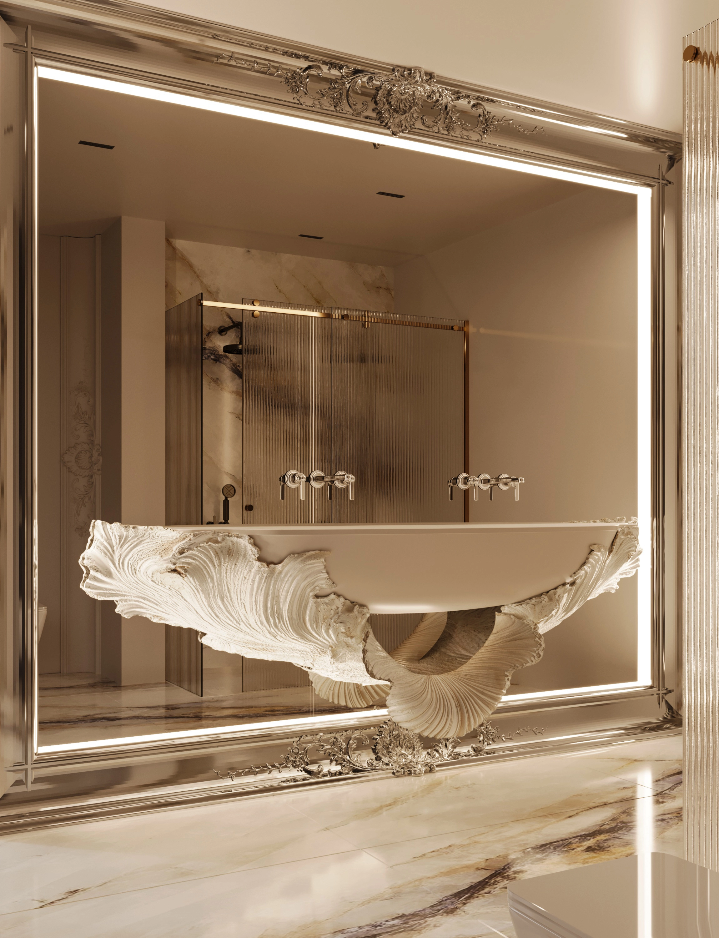 Sculpted vanity within a polished chrome frame