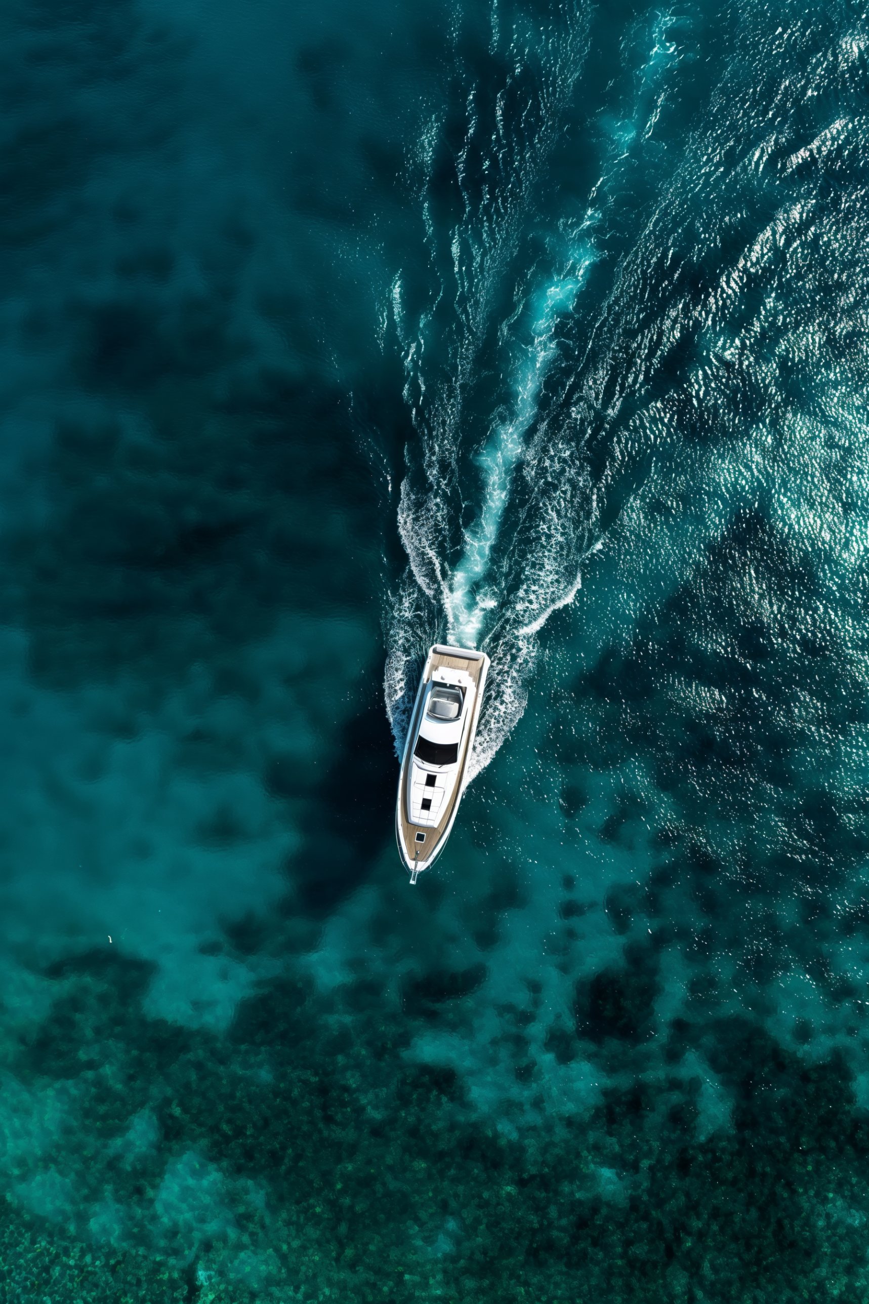 A yacht crossing turquoise water off the Black Sea coast, seen from above
