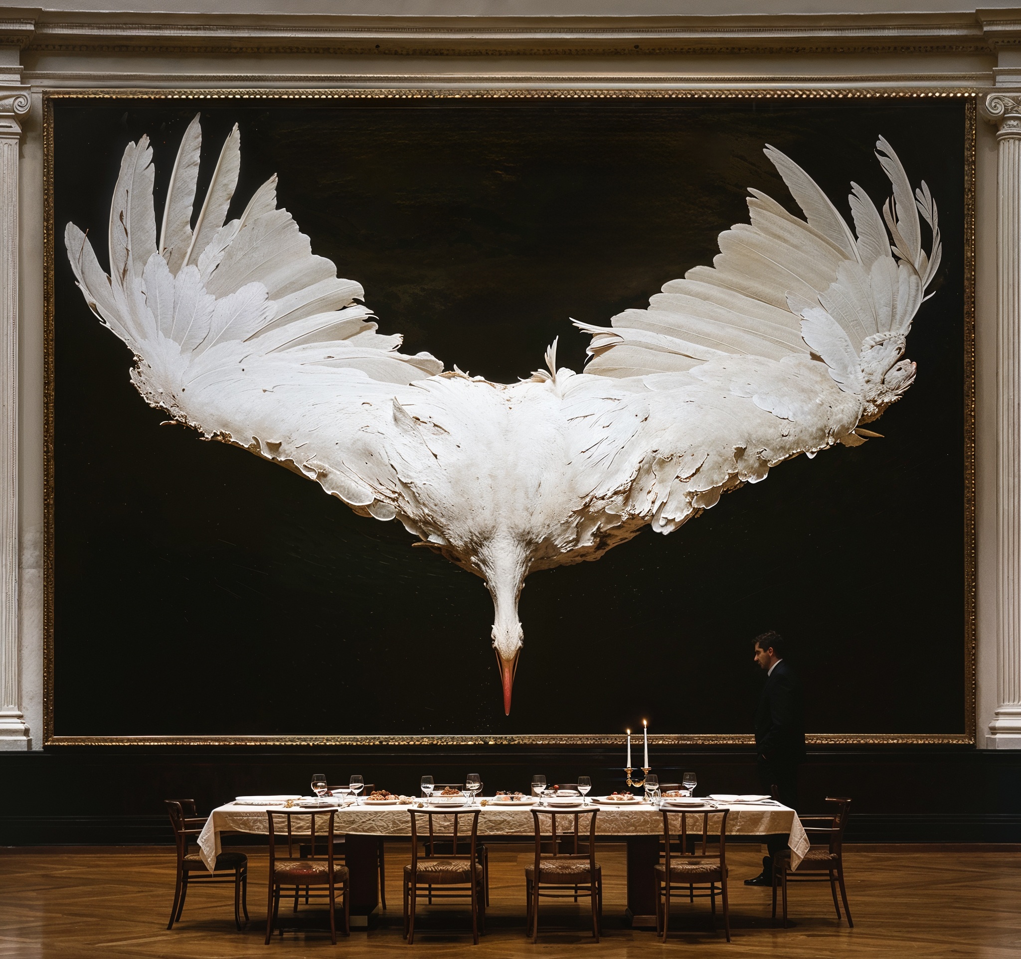The full painting: a white stork diving with outstretched wings above a long dining table in a classical hall