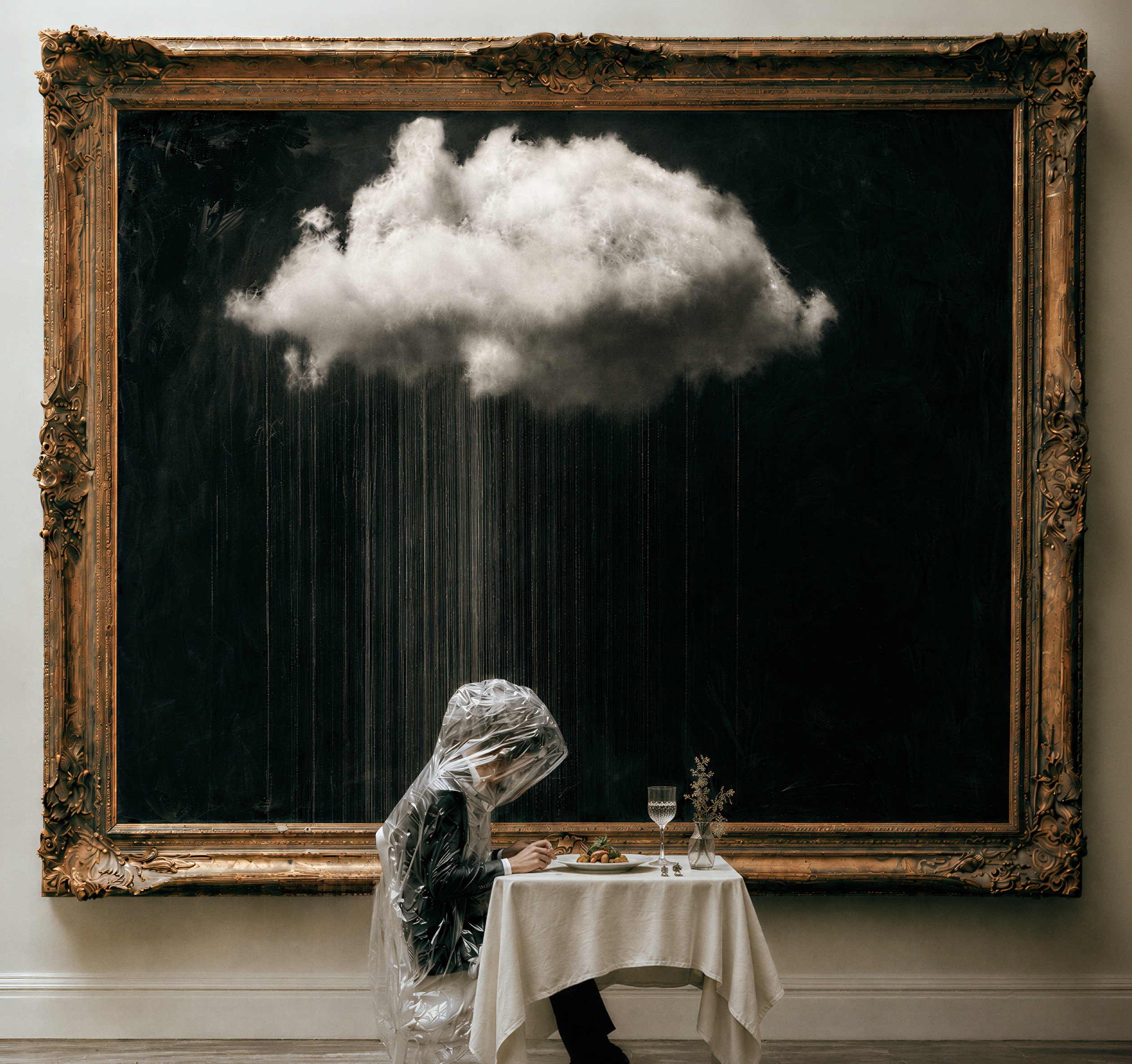 A single diner wrapped in clear plastic eating beneath a painted rain cloud in an ornate gilt frame