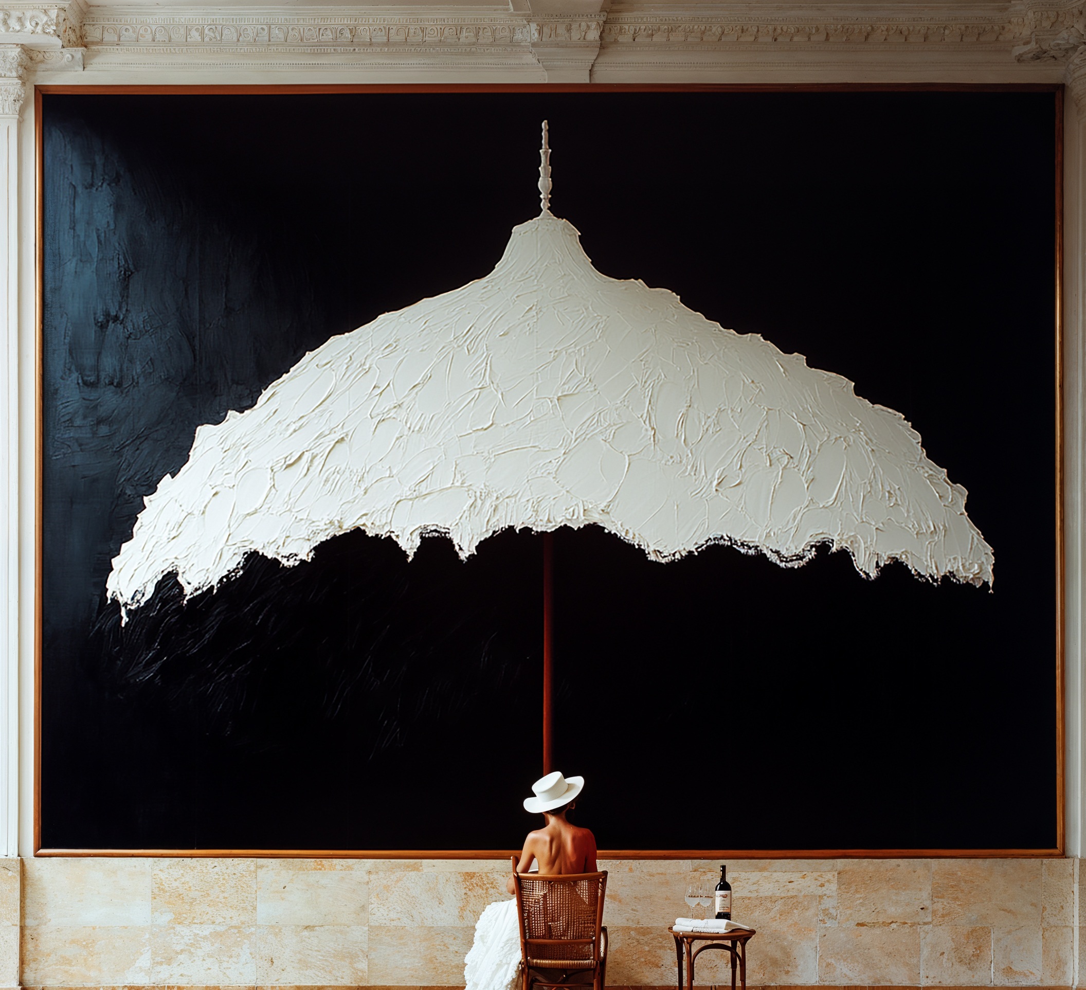 A woman in a white hat seated beneath a vast painted parasol of thick white impasto, with wine on a side table