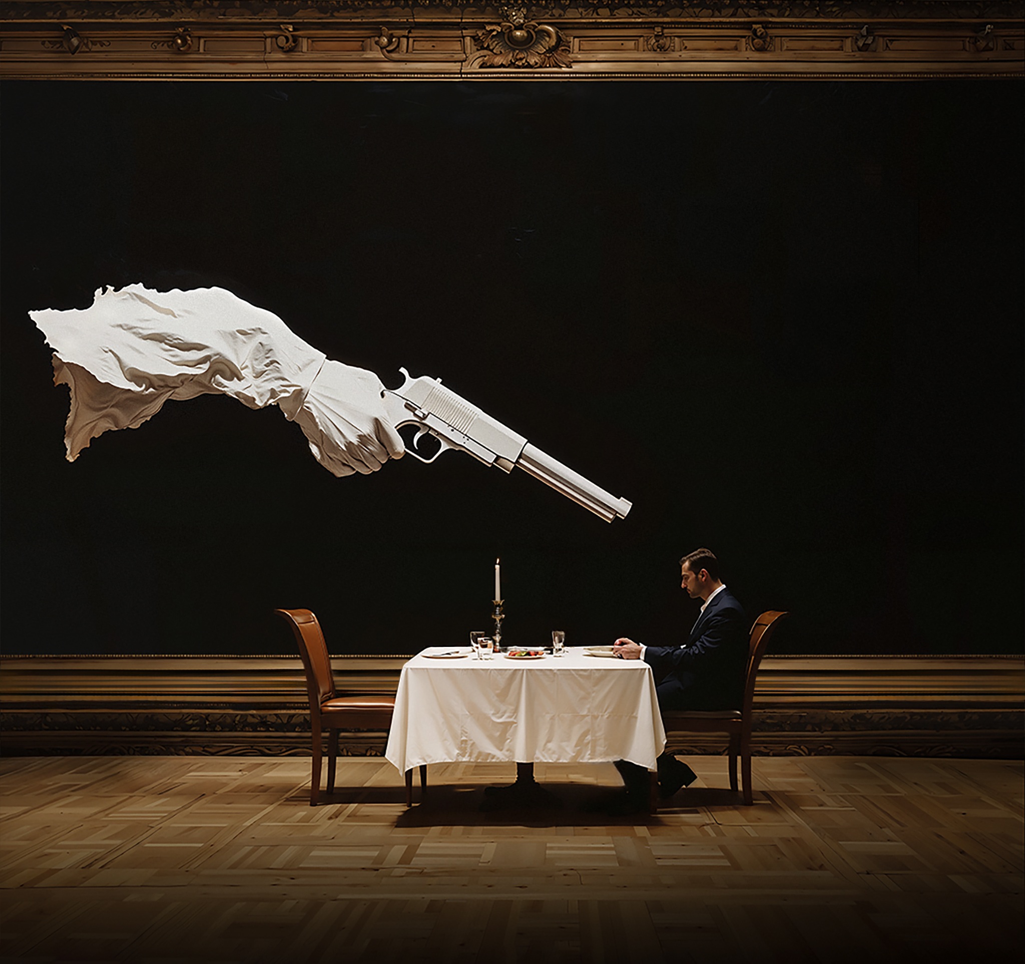 A man dining alone beneath a giant painted white arm holding a pistol aimed towards him