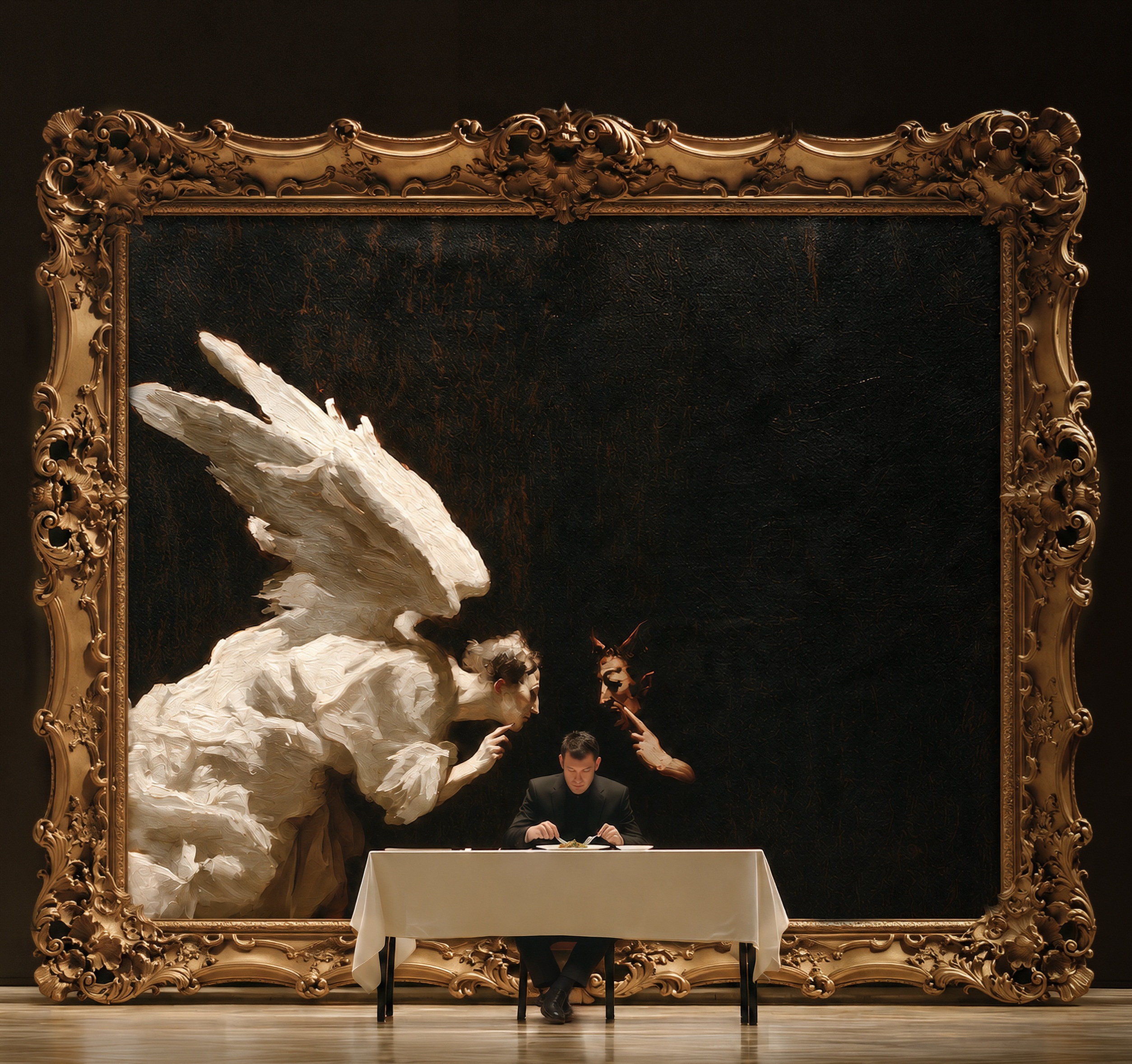A diner alone at a white table before a vast gilt-framed painting of an angel and a devil whispering to him