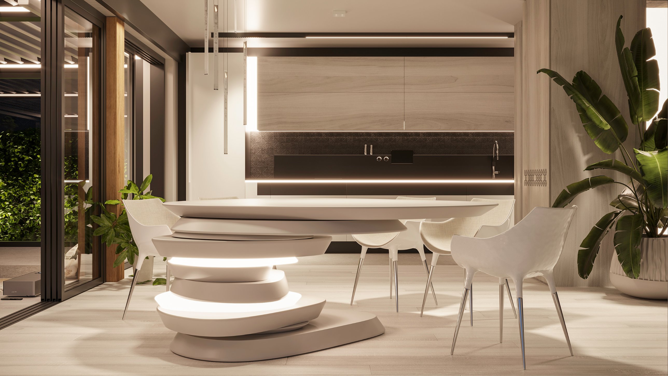 Bespoke layered dining table with integrated light, designed by Bozhinovski Design