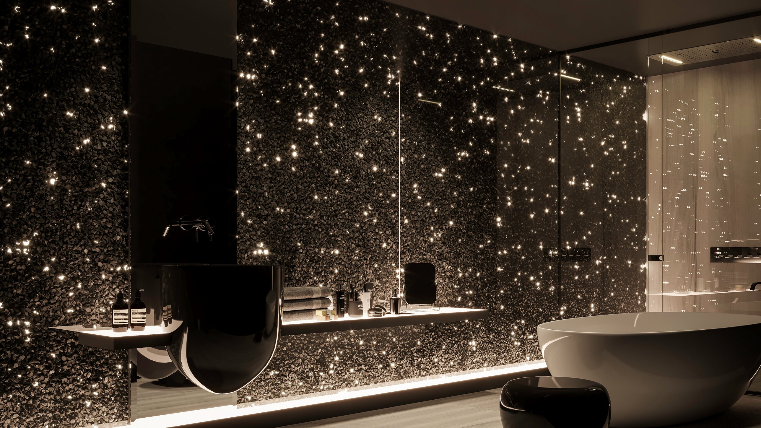 A dark bathroom with walls of black stones in resin, scattered with points of light like stars