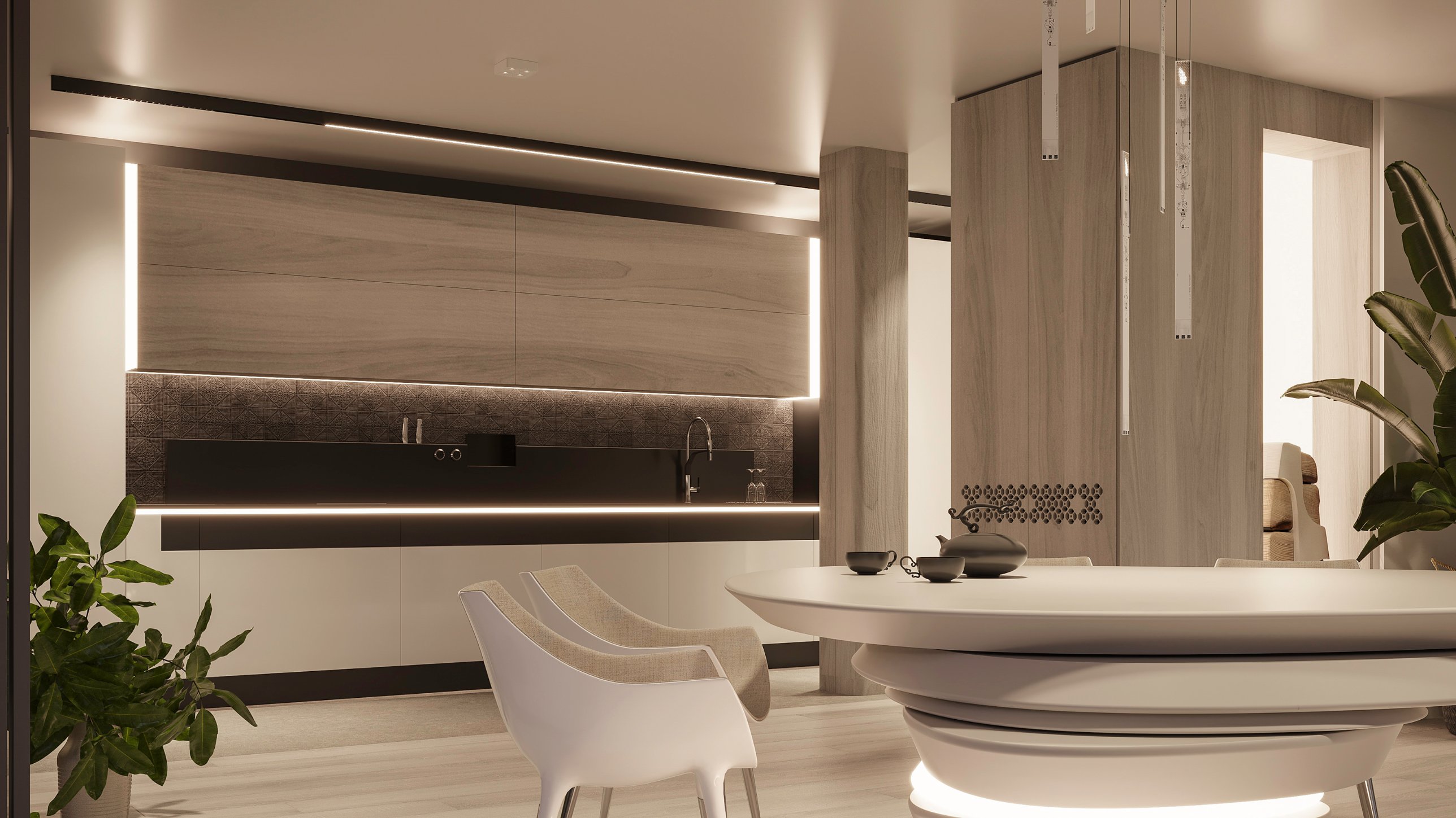 The kitchen with pale timber fronts, a dark patterned splashback and lines of light, beside the dining table
