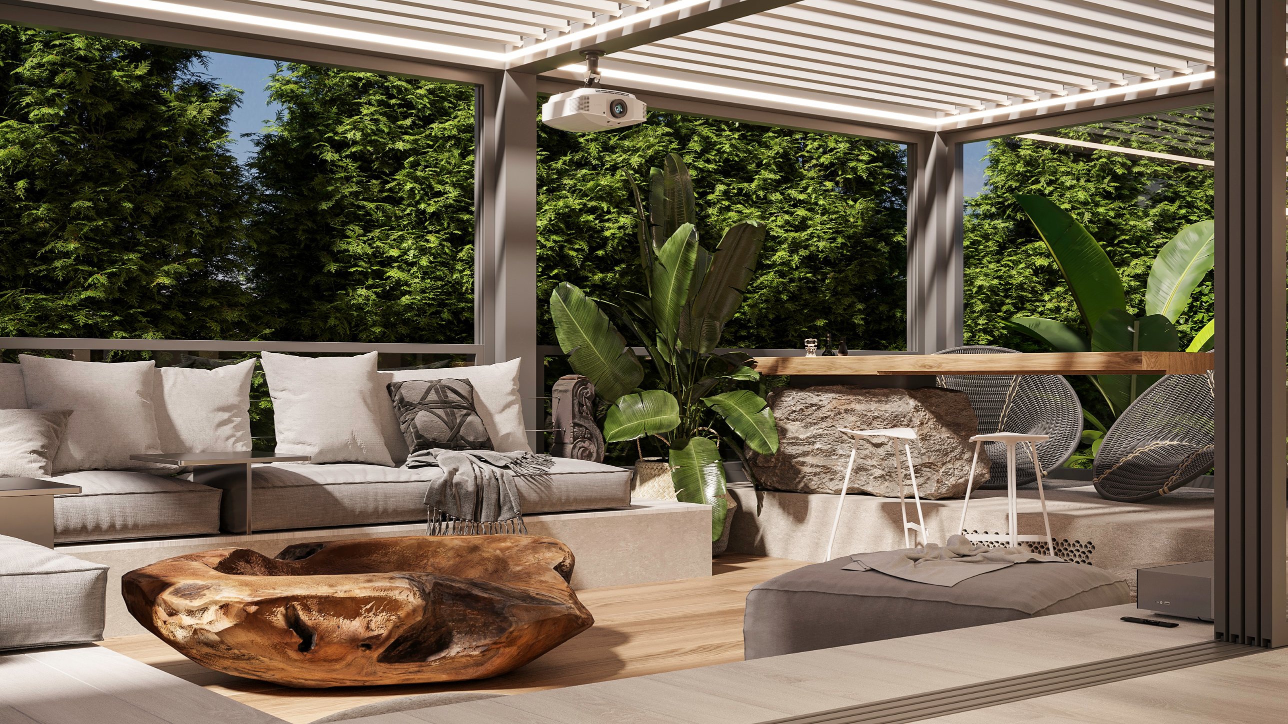 The terrace lounge beneath a slatted canopy, with a carved timber table and tall banana plants