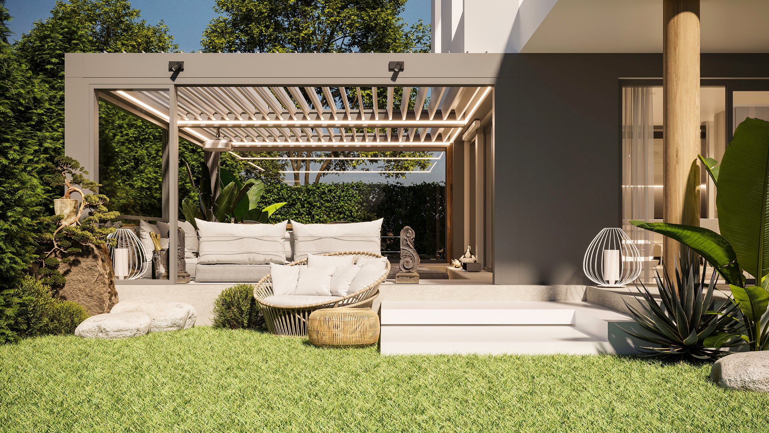 The pergola seen from the lawn, with a round woven daybed and wire lanterns