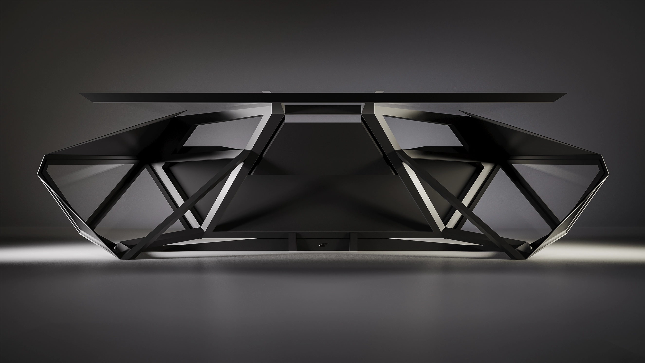 Front view of the desk structure: faceted stainless-steel frame beneath the top