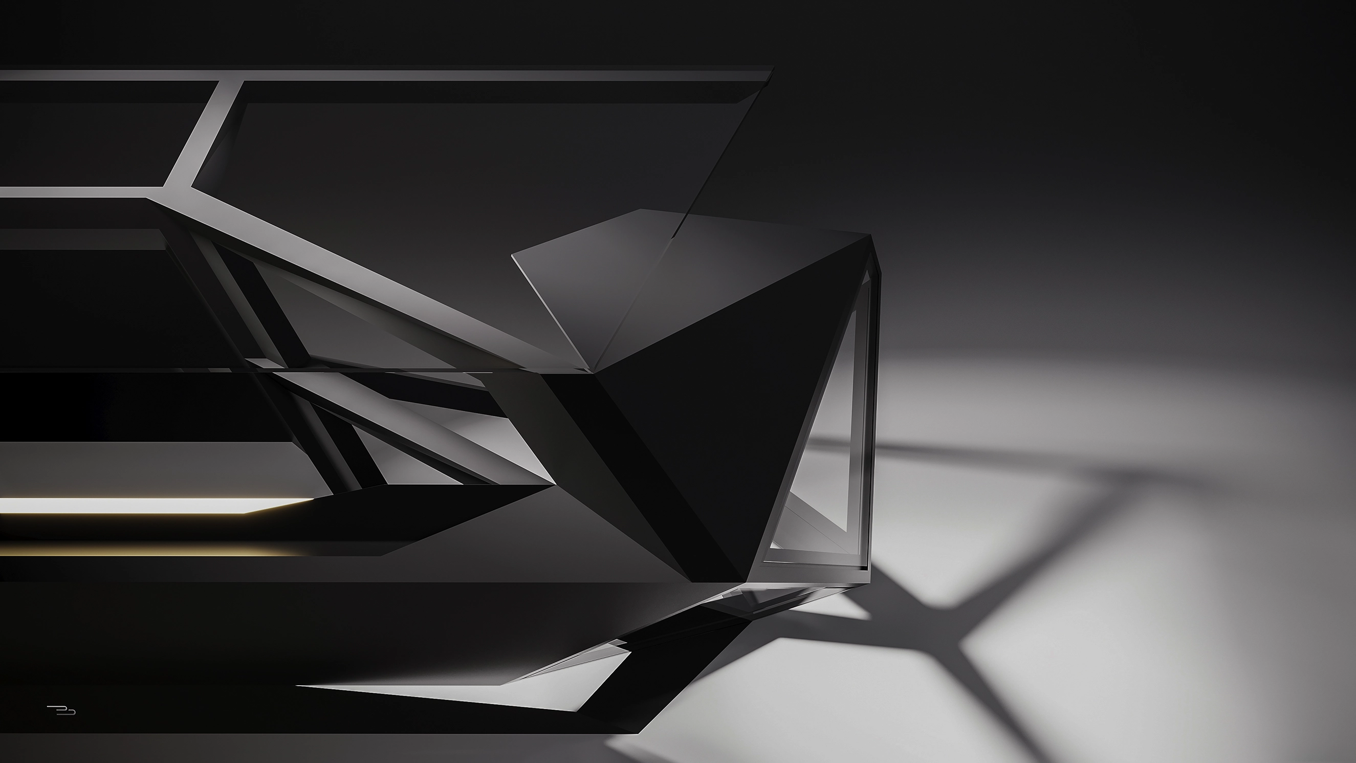 Close view of the desk&rsquo;s faceted corner volume and its shadow