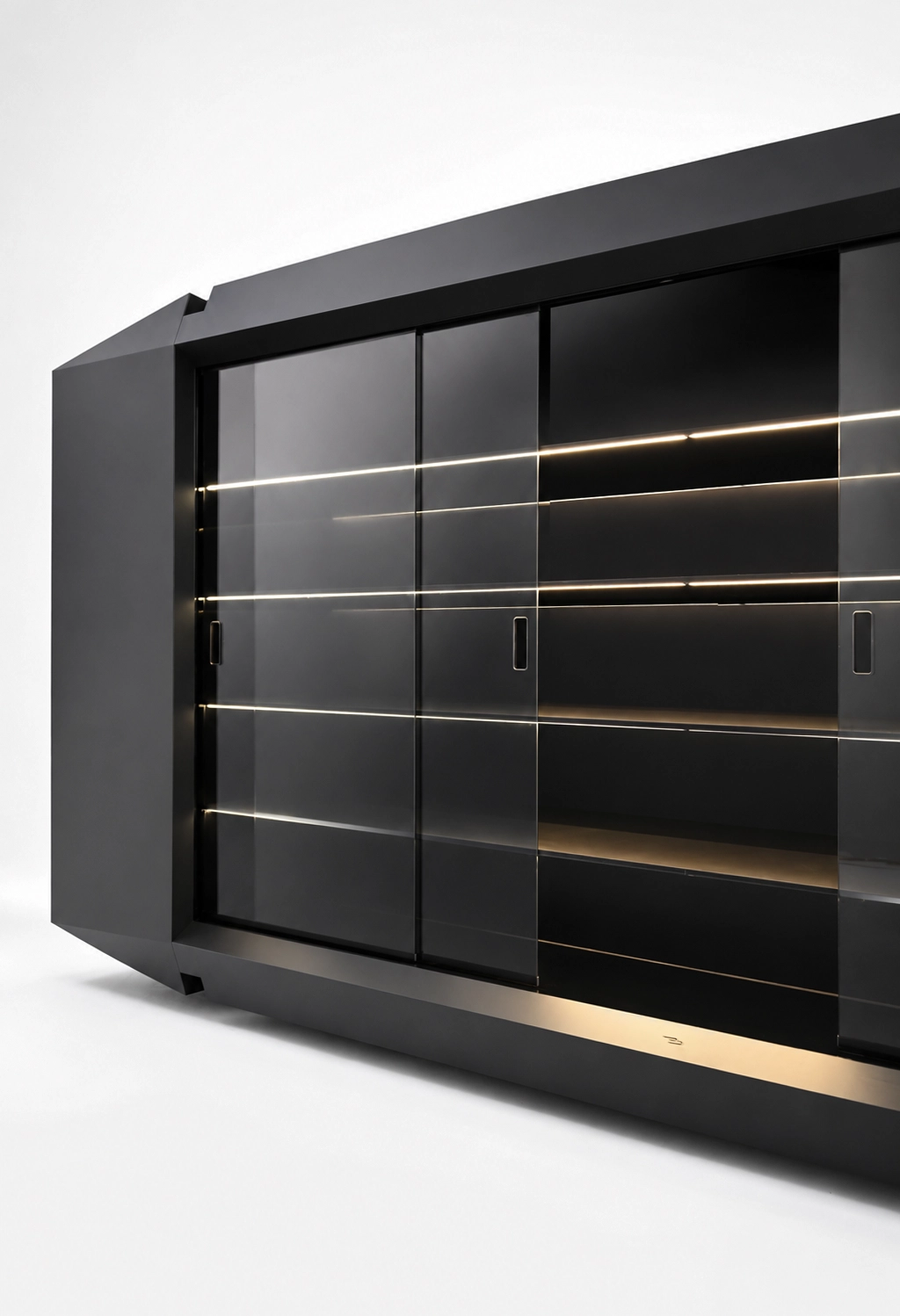 Detail of the cabinet: horizontal lines of light across dark glass shelving