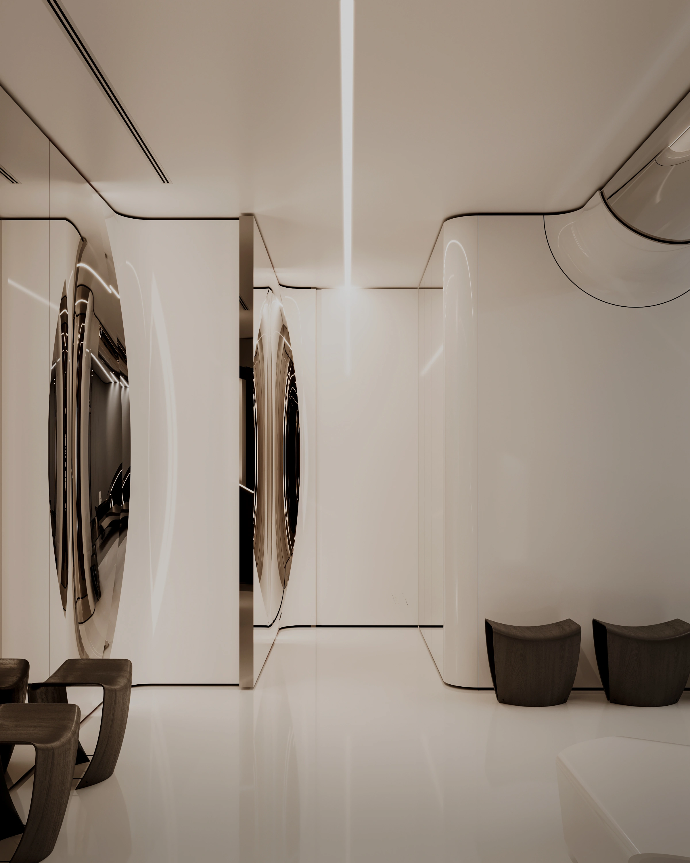 Curved gloss partition and mirrored corridor