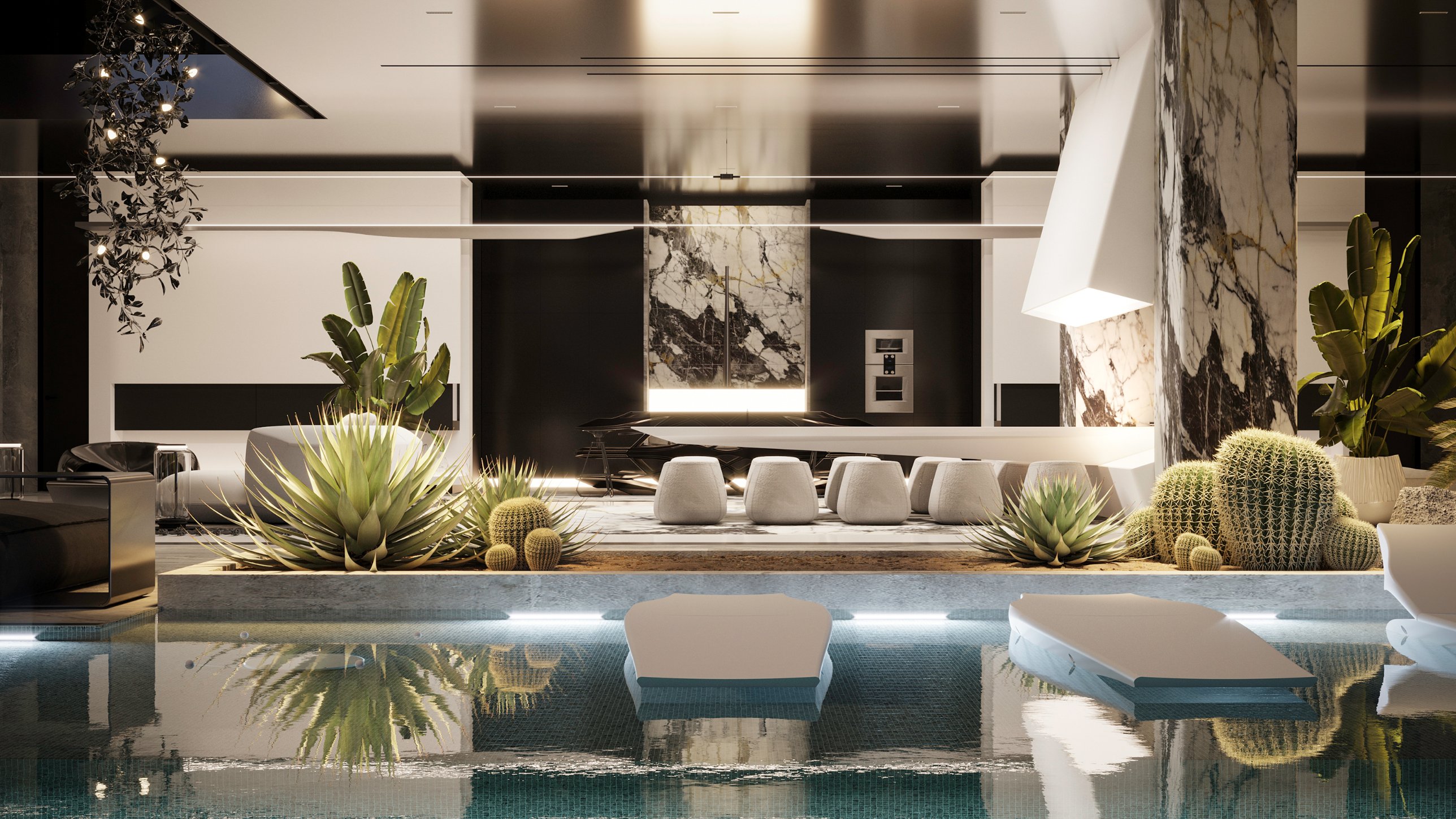 An indoor pool edged with cacti and agaves, opening onto the dining area beneath a marble-clad column