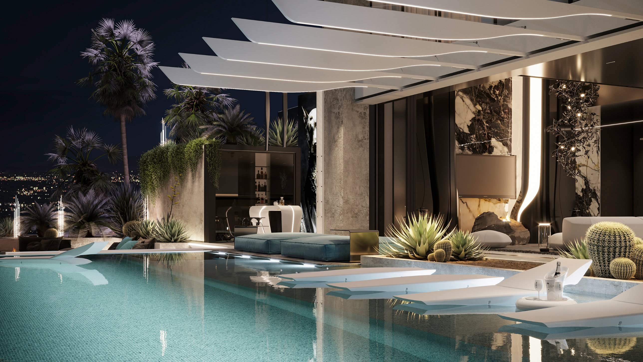 The pool at night beneath white canopies, with palms, agaves and the city lights beyond