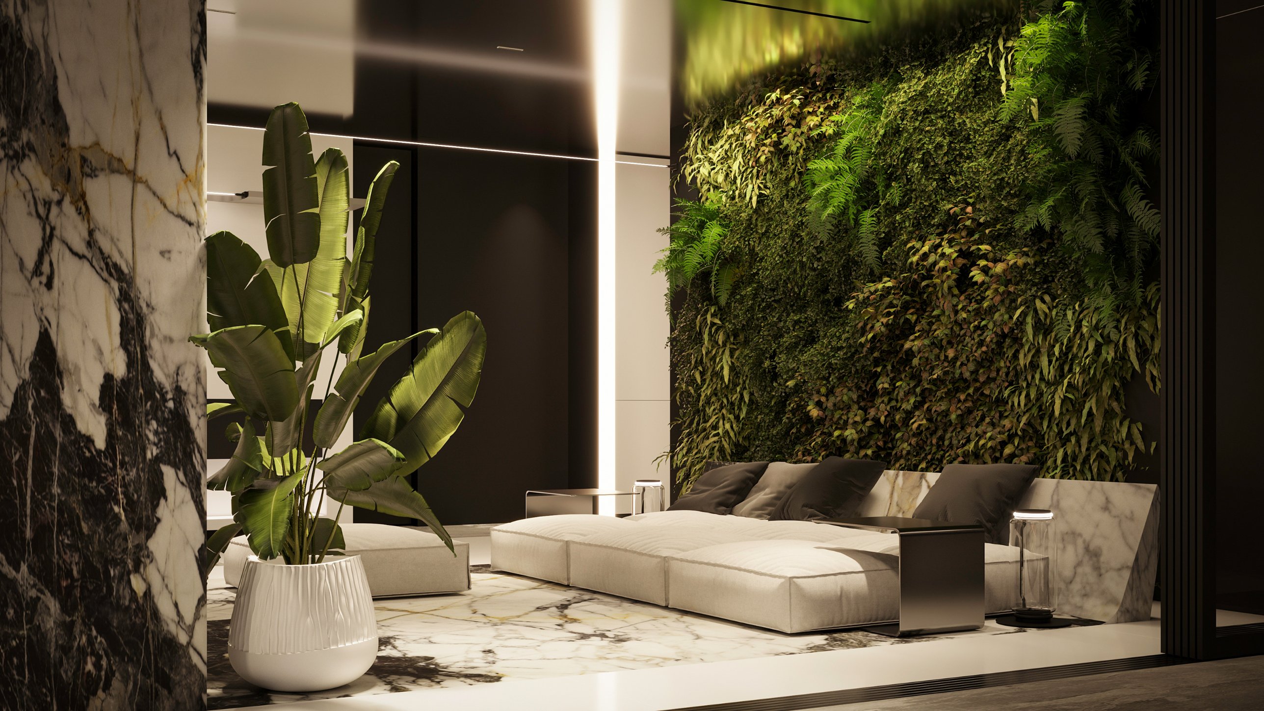 A deep sofa before a living wall of ferns and foliage, beside a marble column