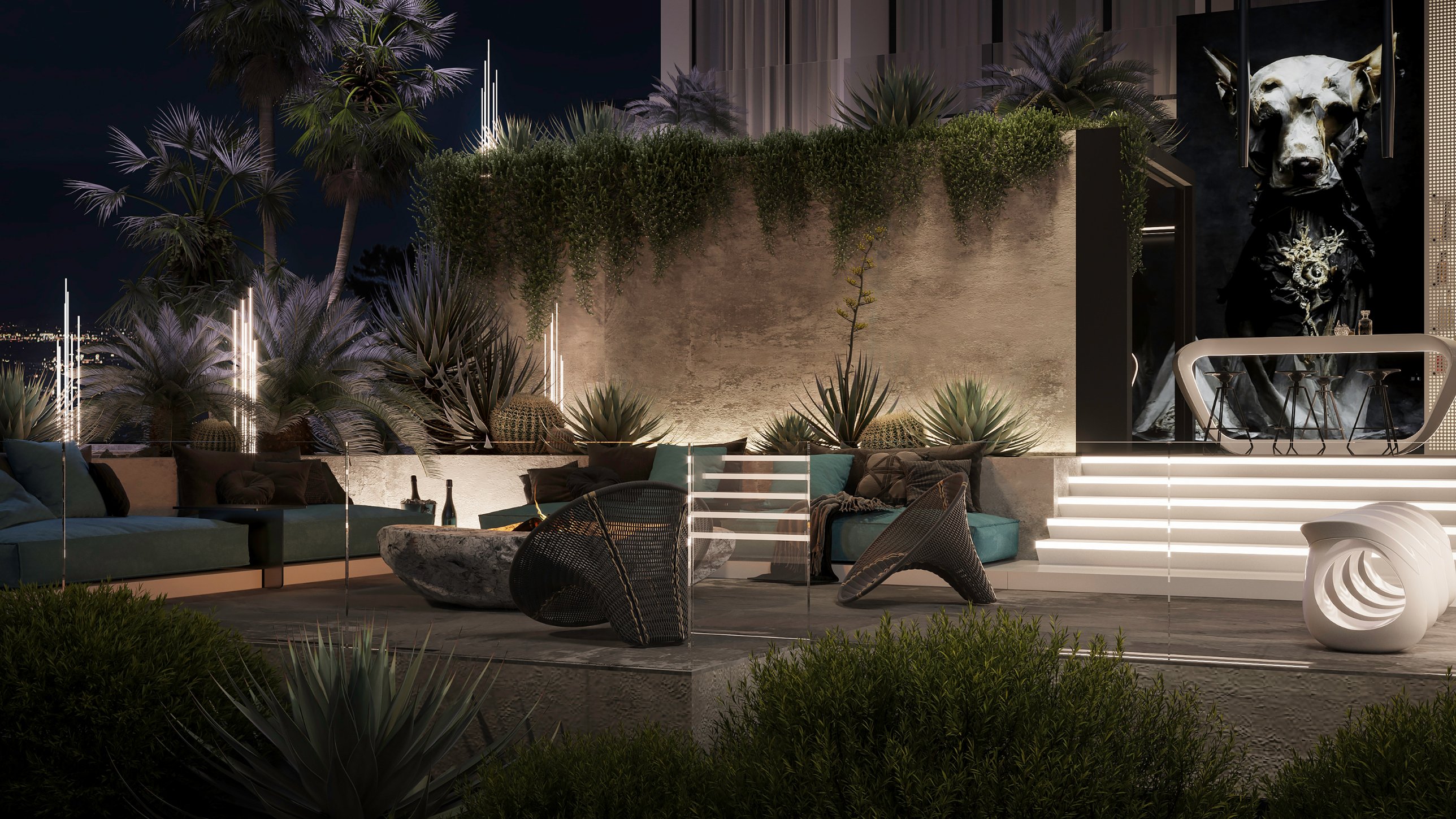 An outdoor lounge around a stone fire bowl, beneath palms and a wall of trailing plants