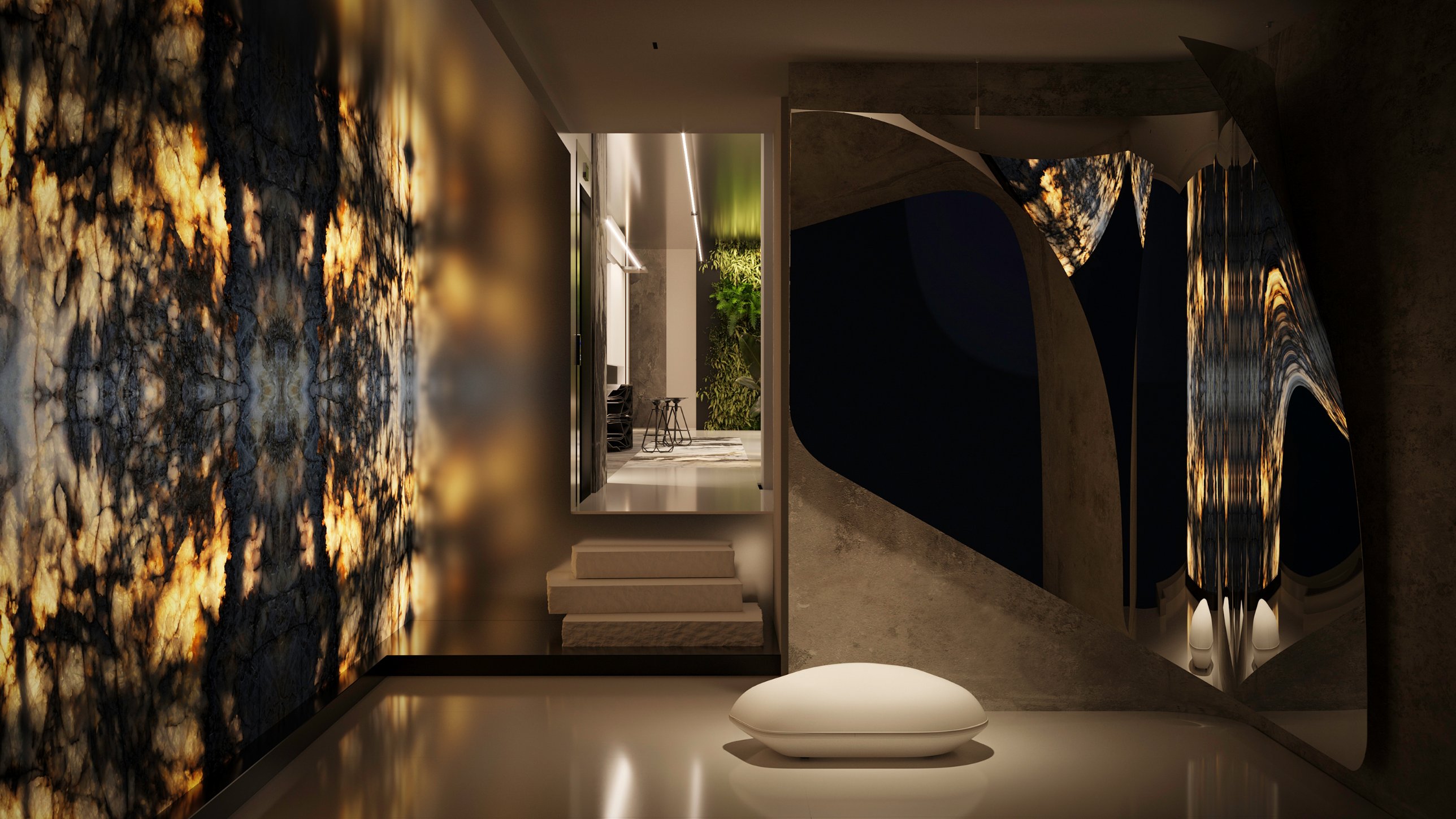 A corridor lined with backlit onyx, with sculpted concrete forms and a soft white pouf