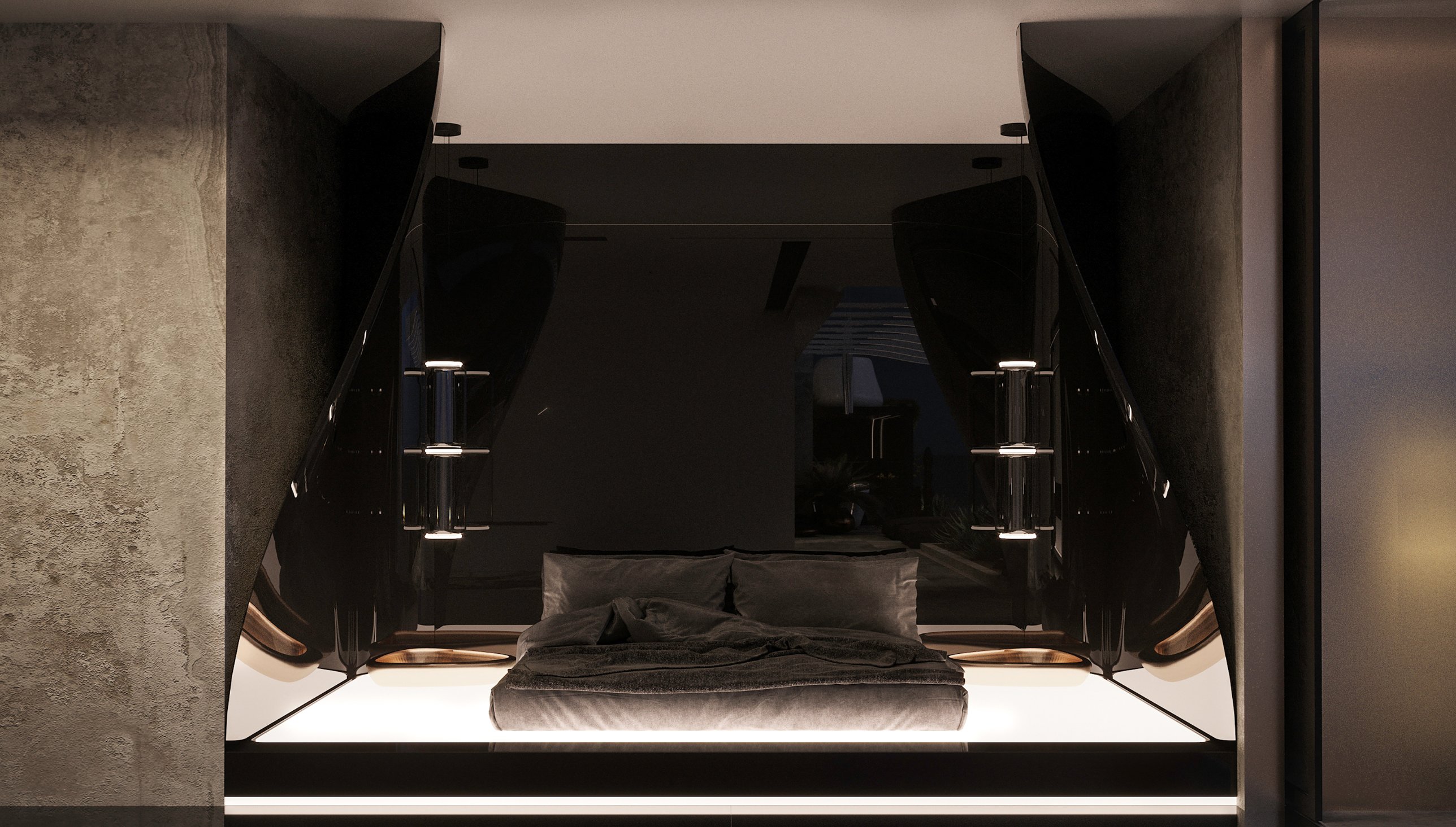 A bed set on an illuminated platform, enclosed by sculpted high-gloss black panels