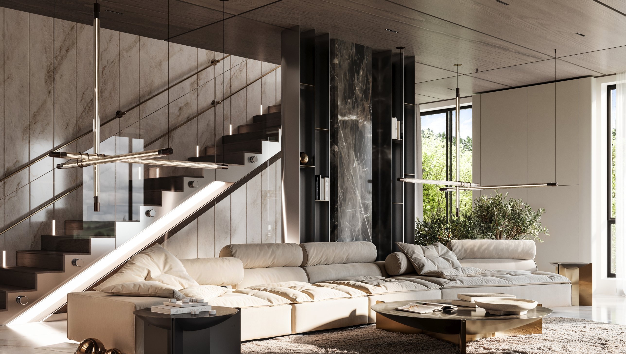 Private residence interior by Bozhinovski Design — living room with an expressive stone column