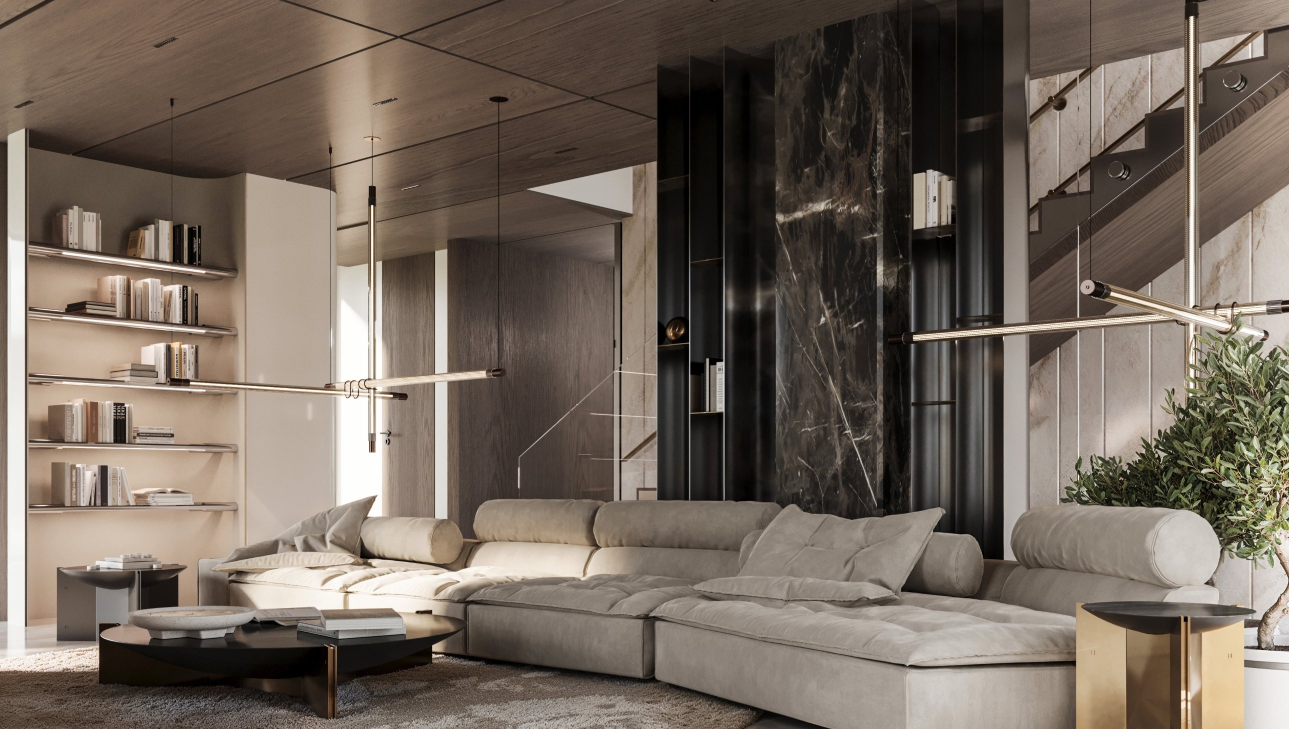 The sectional before the dark stone column flanked by curved metal shelving