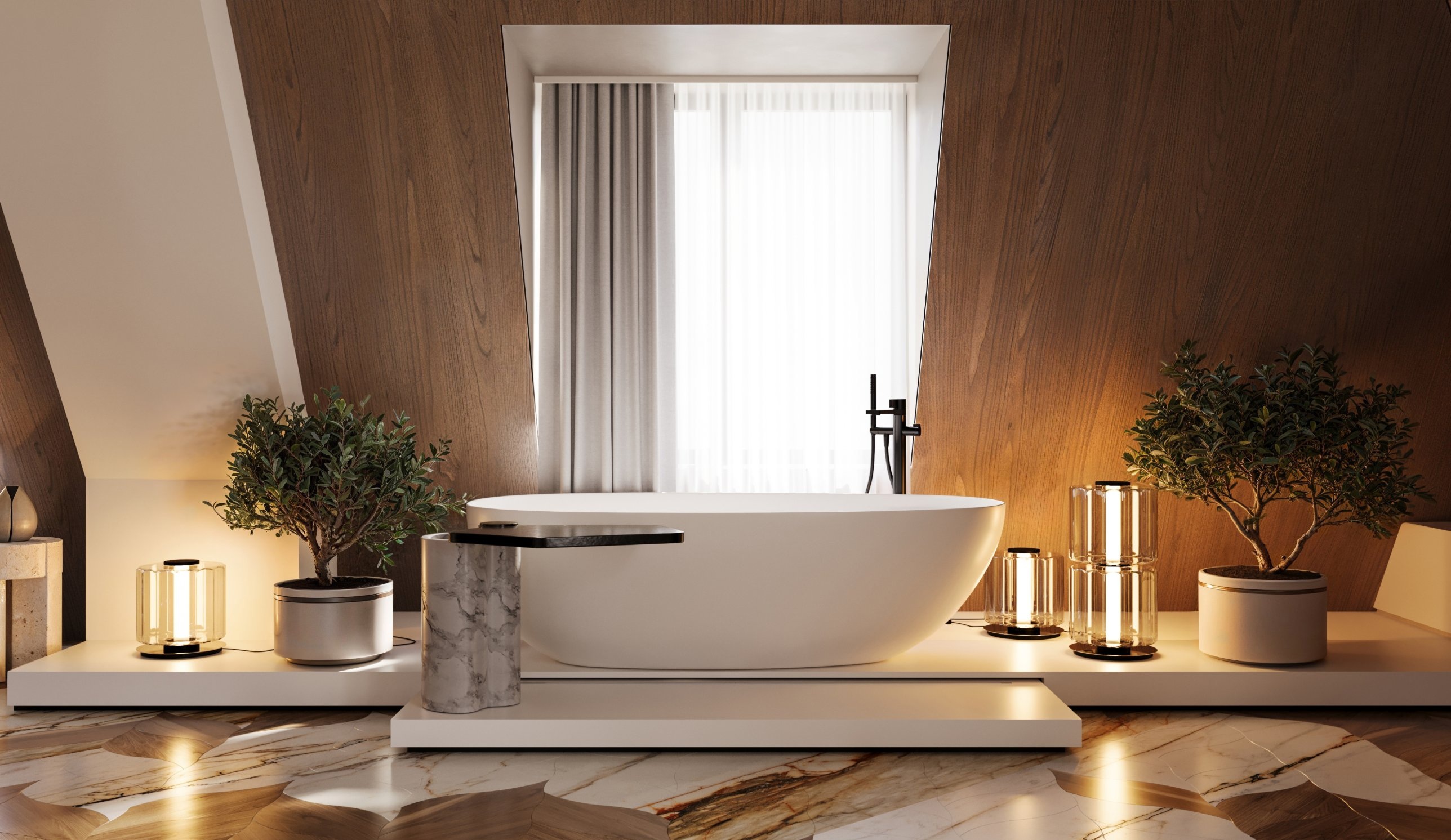 A freestanding white bath on a raised platform beneath a dormer window, between olive trees and glass lamps