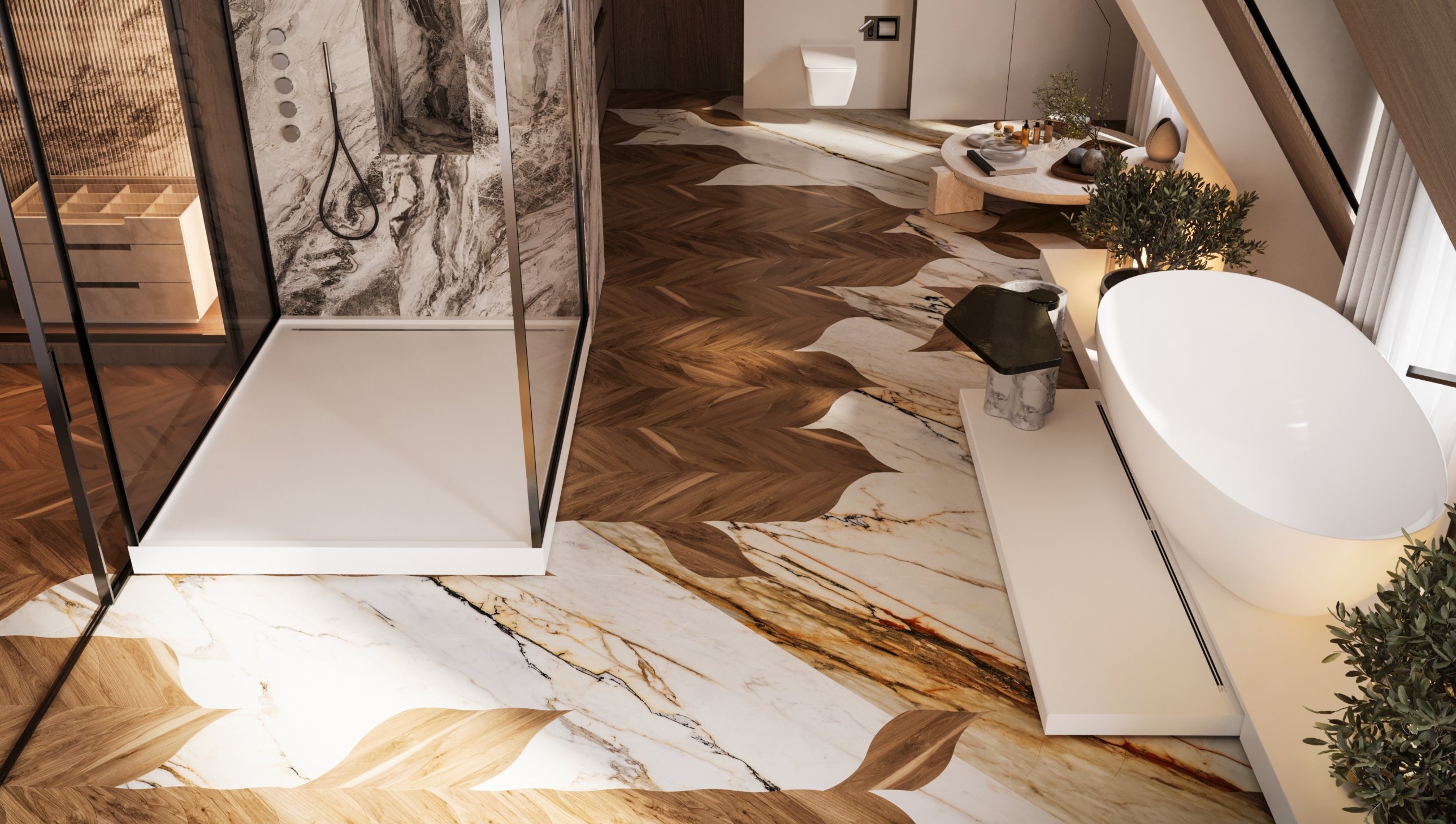 The principal bathroom from above: timber leaves flowing into pale veined stone around the shower and bath