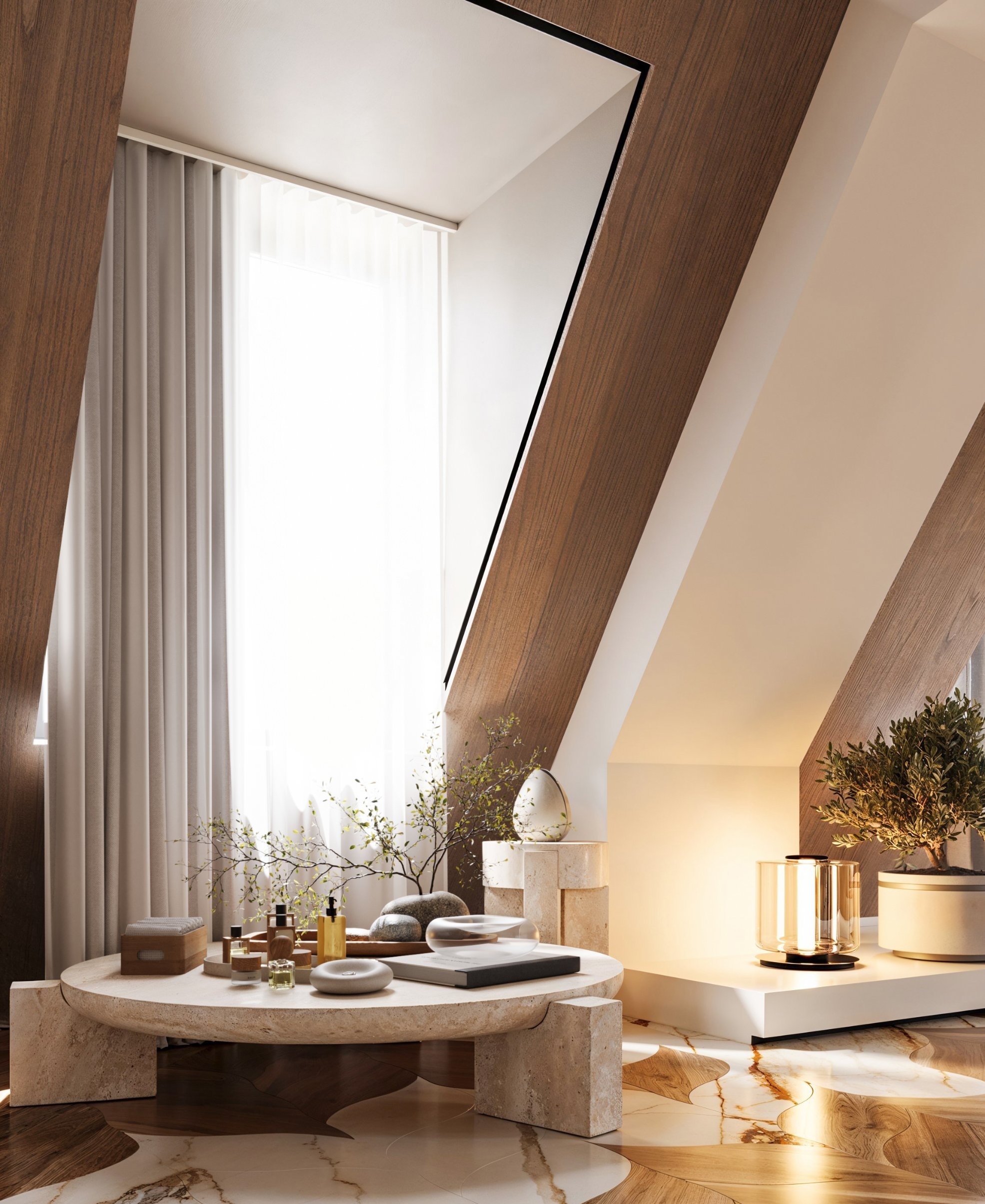 A round travertine table beneath the sloping timber ceiling and tall window