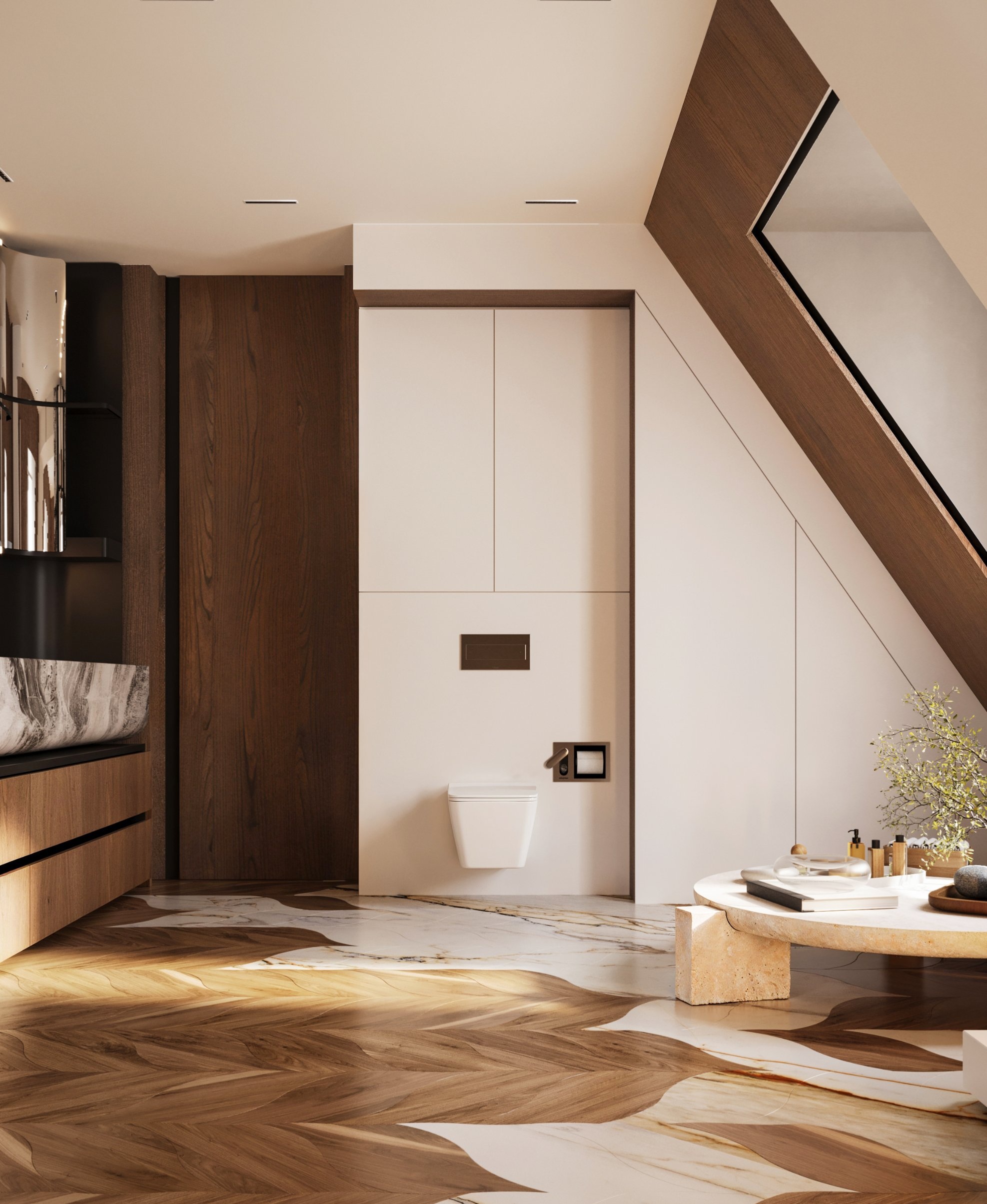 Timber and stone meeting across the floor before a wall-hung WC