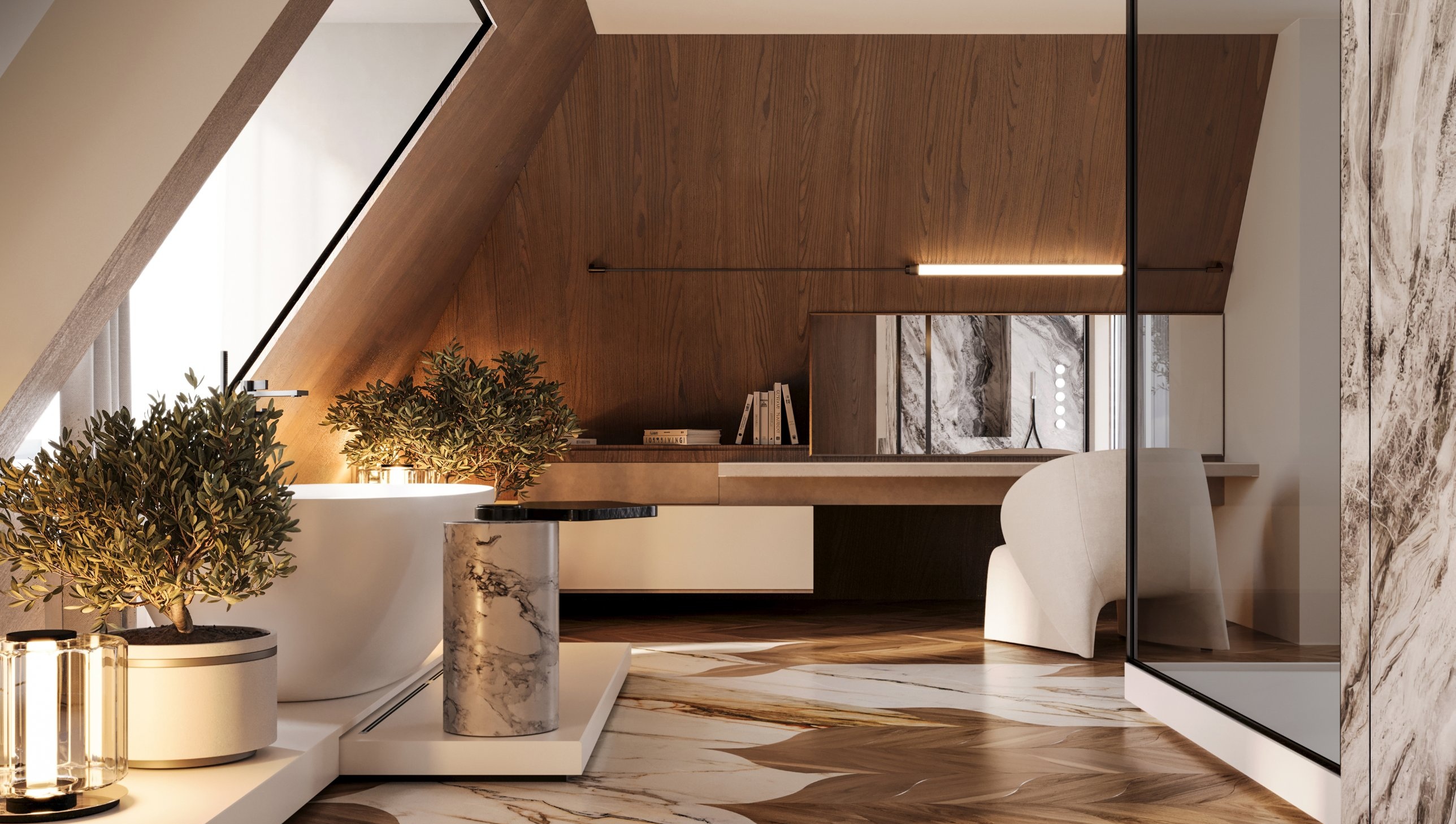 A dressing desk beneath the sloping timber wall, beside the bath and a stone-clad shower