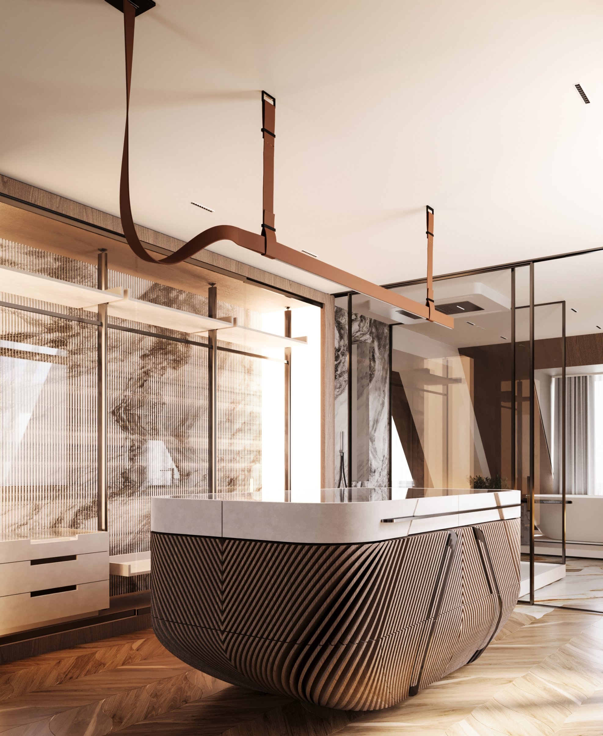 A dressing island wrapped in diagonal timber ribbing beneath a looping leather light