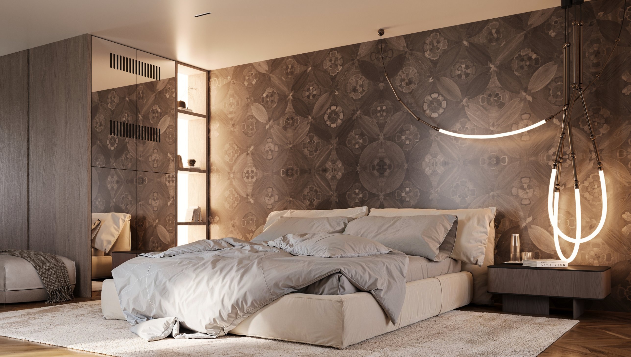 The principal bed before a floral marquetry wall, with looping illuminated pendants