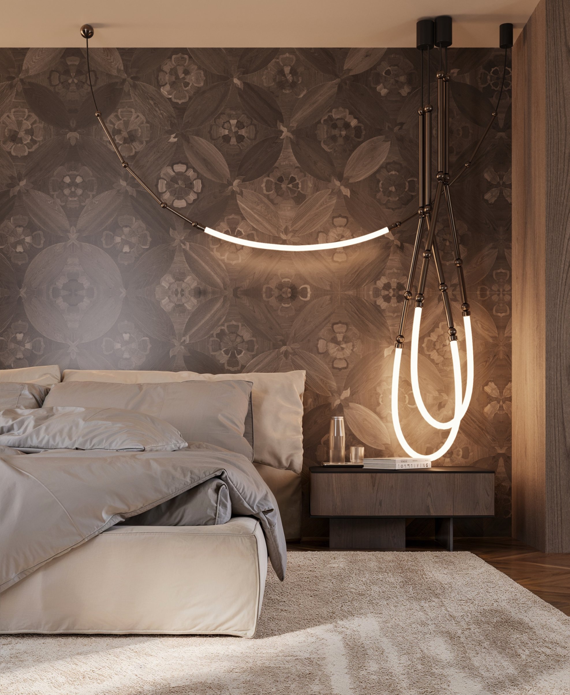 Looping lights beside the bed against the marquetry wall