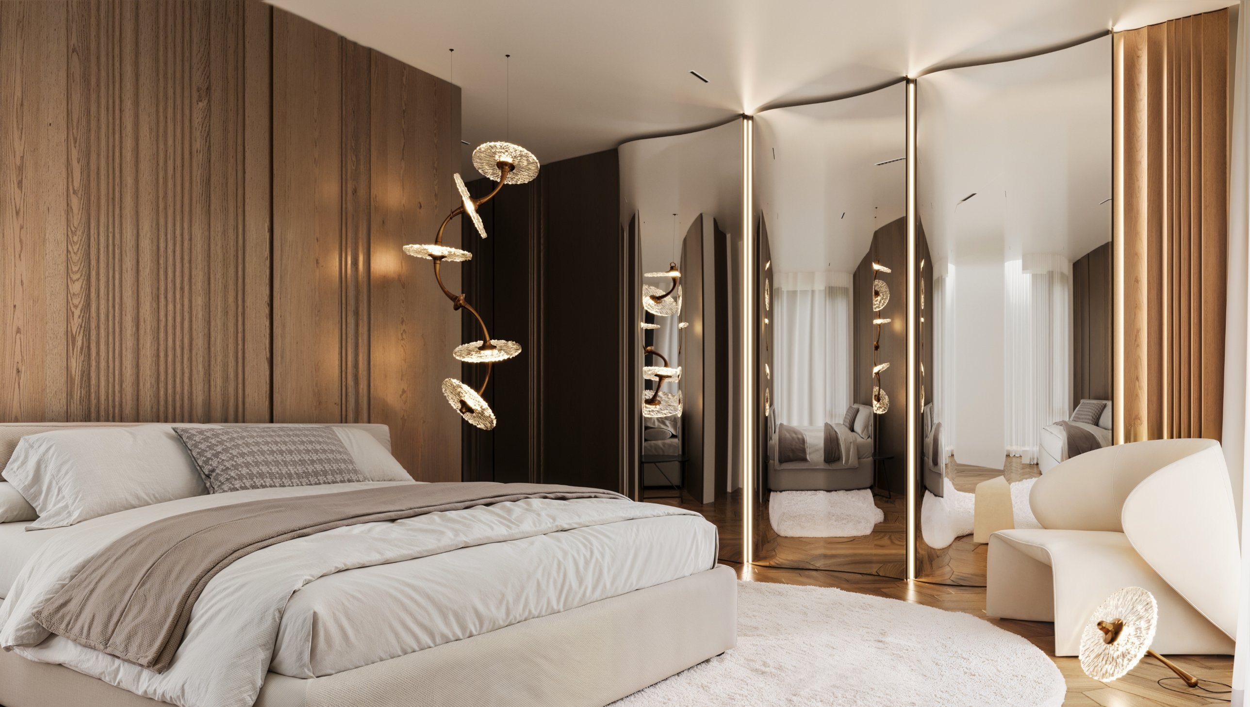 A bedroom with timber wall panels, a spiralling glass pendant and the curved mirrored wardrobe