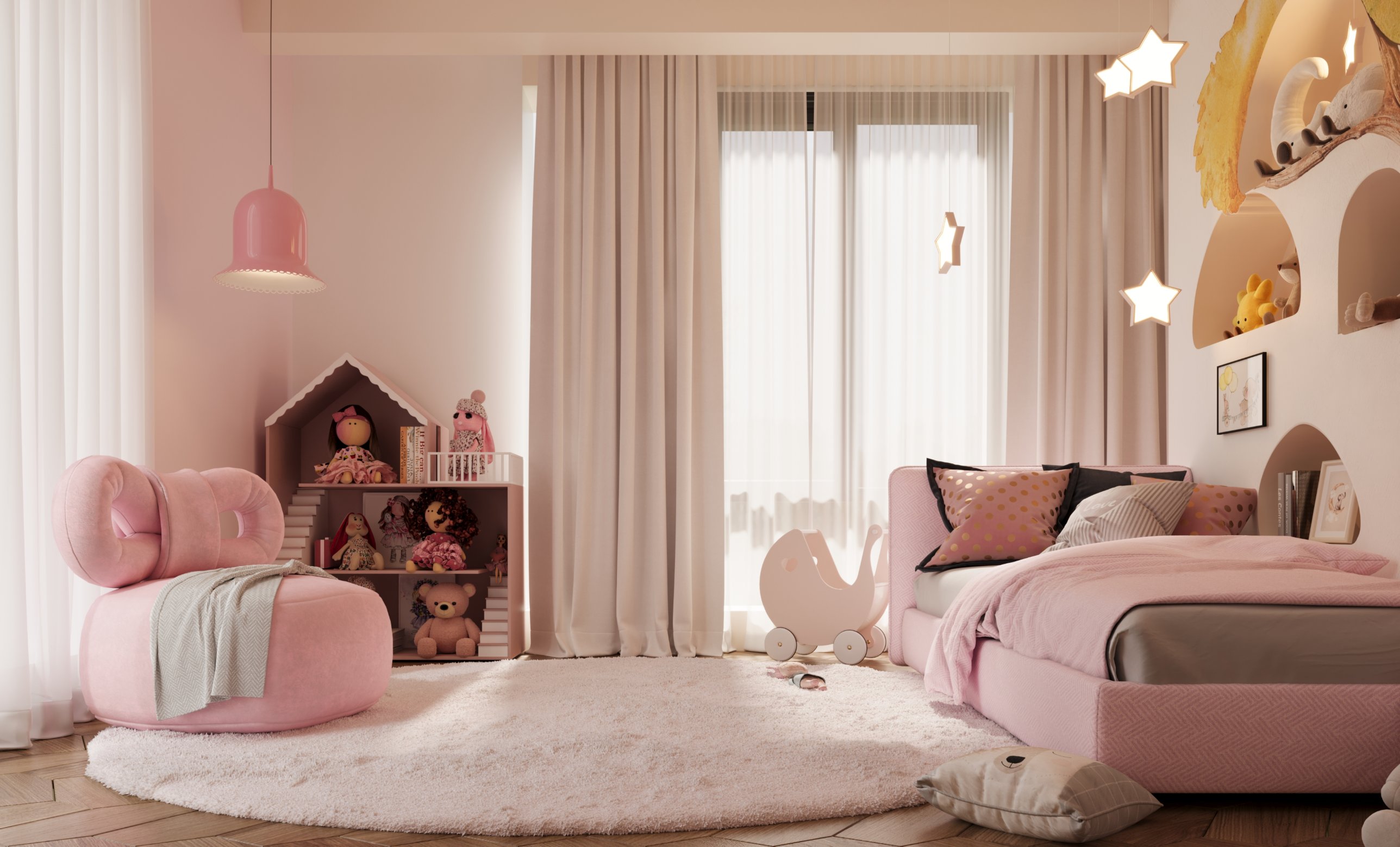 A child’s bedroom in blush pink with a rounded armchair, a doll’s house and star lights