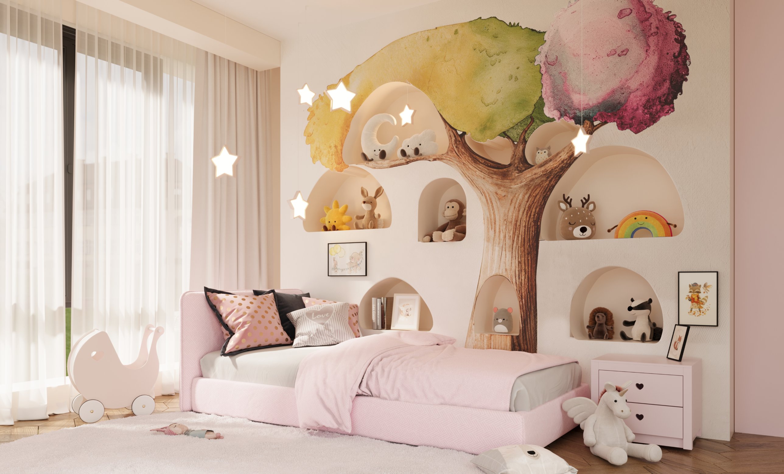 A painted tree spreading across the wall around arched niches of soft toys, with hanging stars