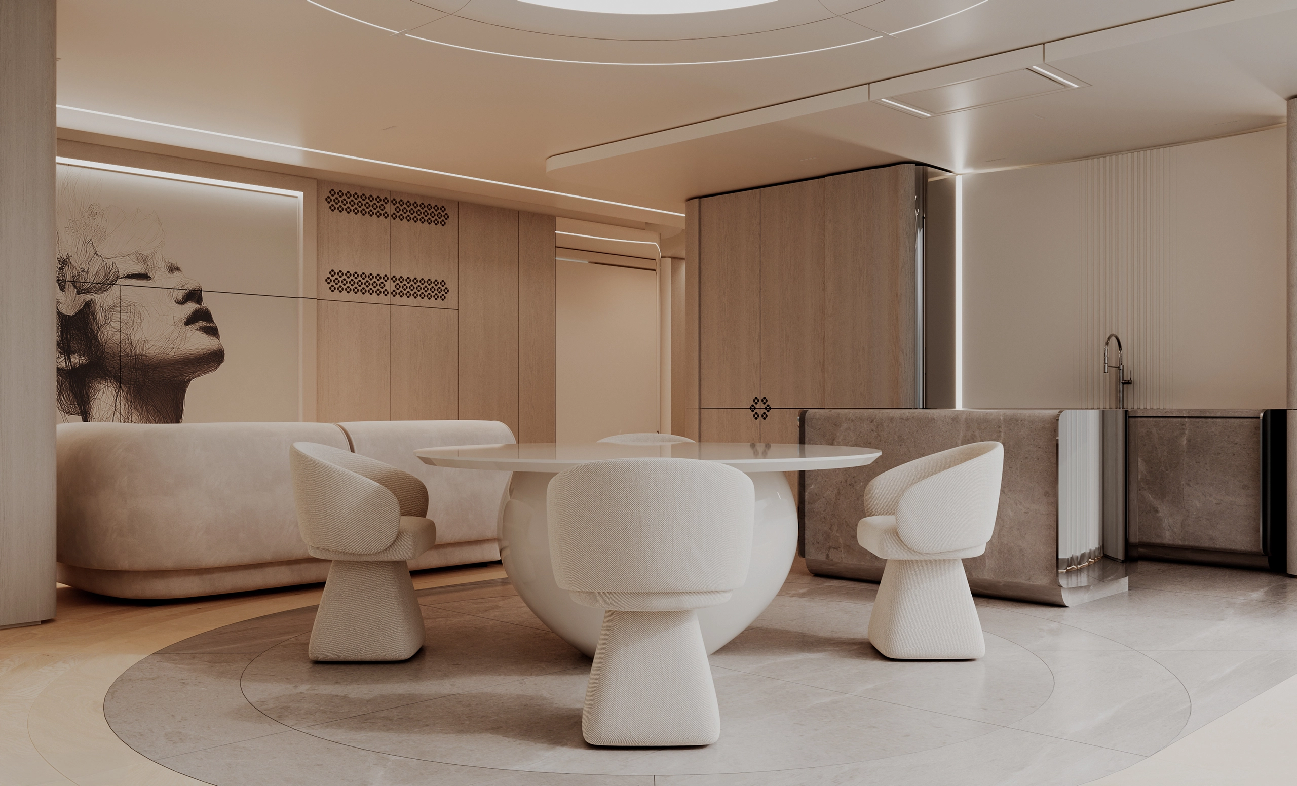 Open dining area with a sphere-based table, stone kitchen and line-drawn artwork