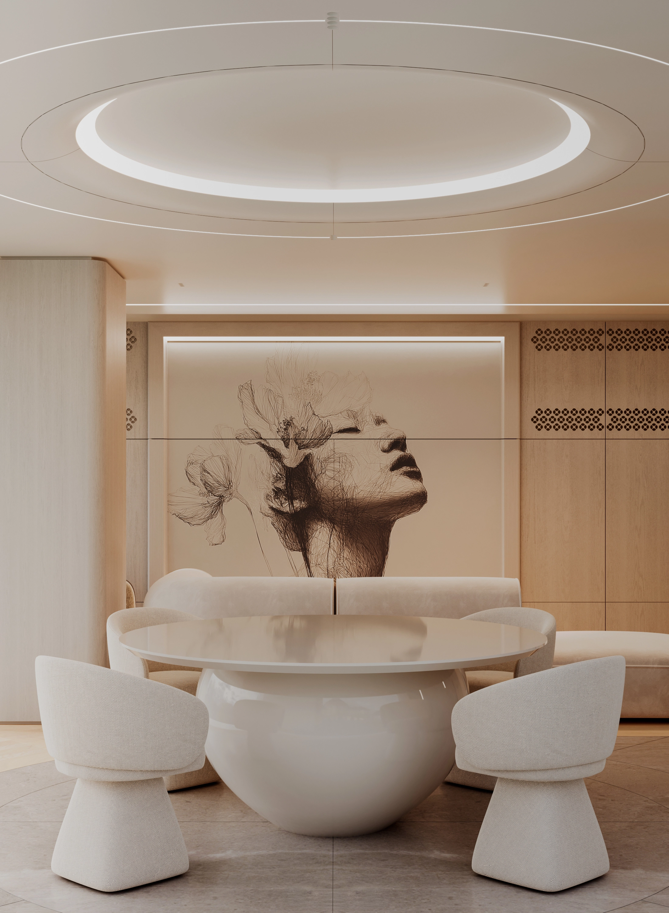 Round dining table on a spherical base beneath a luminous ceiling circle