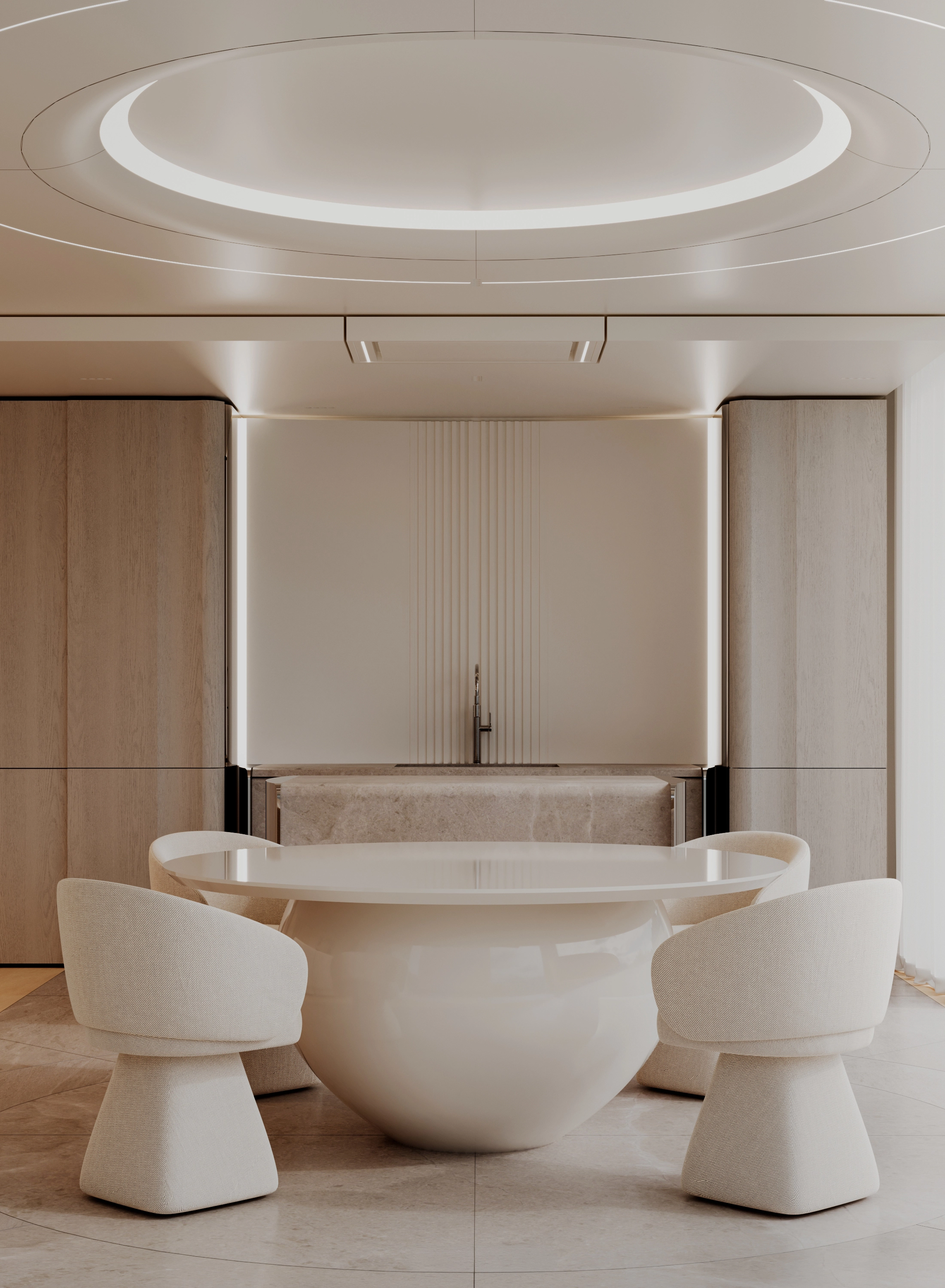 Recessed kitchen wall framed by tall oak volumes, with fluted surfaces and stone