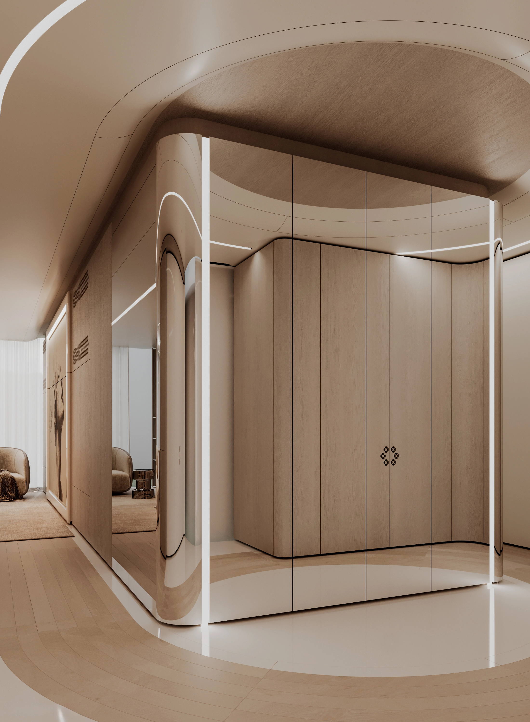 Entrance with curved mirrored surfaces and fine lines of light around oak cabinetry